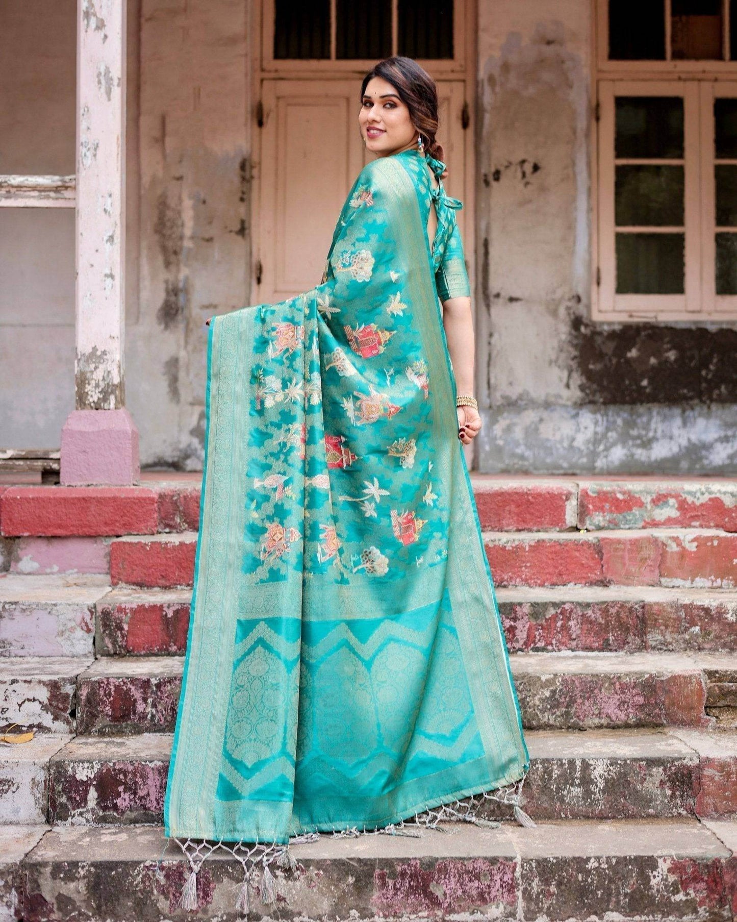 Elegant Teal Green Banarasi Silk Saree with Intricate Zari Weaving and Tassels - SEEANS