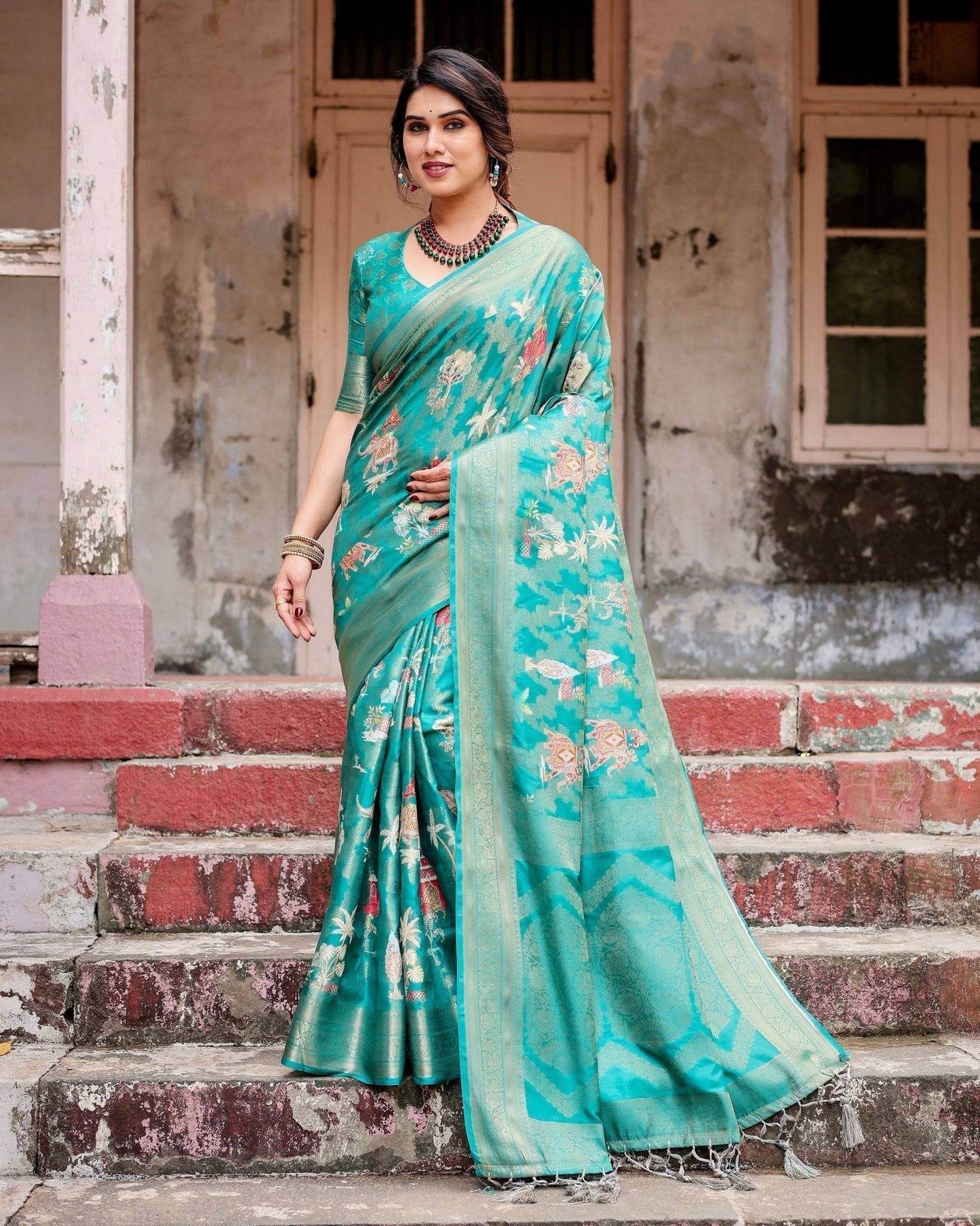 Elegant Teal Green Banarasi Silk Saree with Intricate Zari Weaving and Tassels - SEEANS