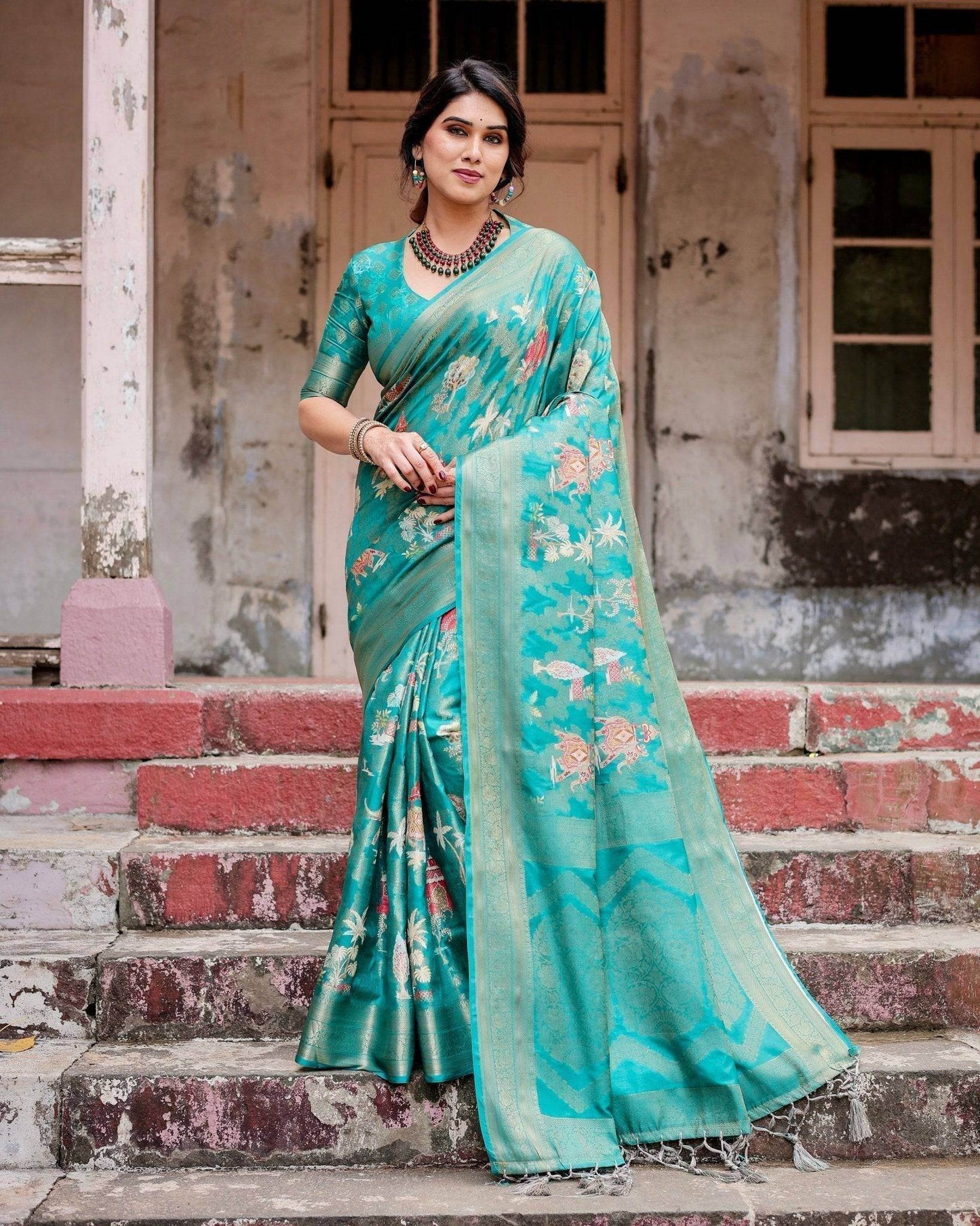 Elegant Teal Green Banarasi Silk Saree with Intricate Zari Weaving and Tassels - SEEANS