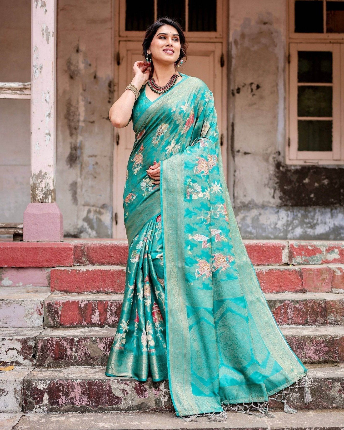 Elegant Teal Green Banarasi Silk Saree with Intricate Zari Weaving and Tassels - SEEANS
