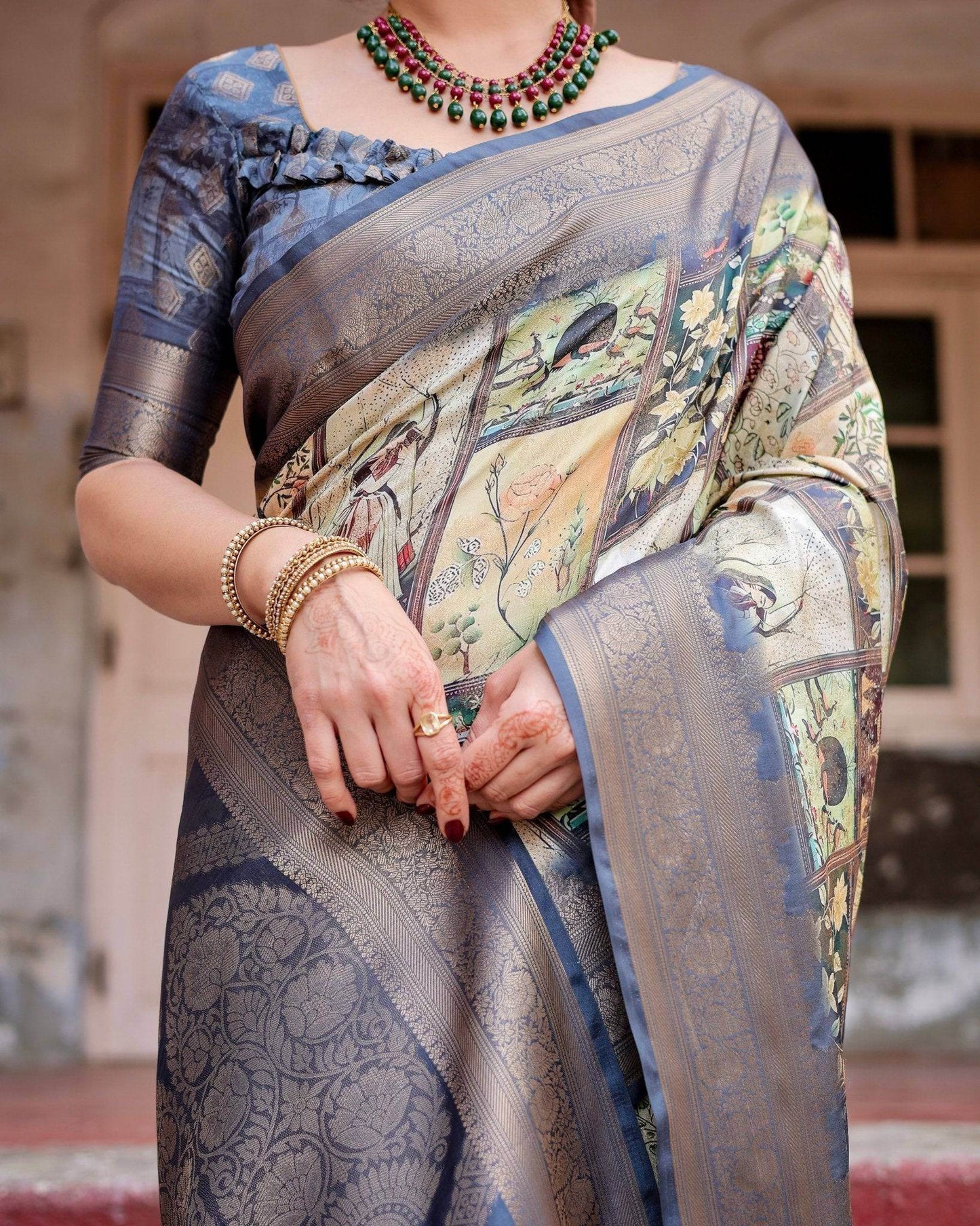Banarasi Silk Saree in Beige with Multicolor Paisley and Floral Design - SEEANS