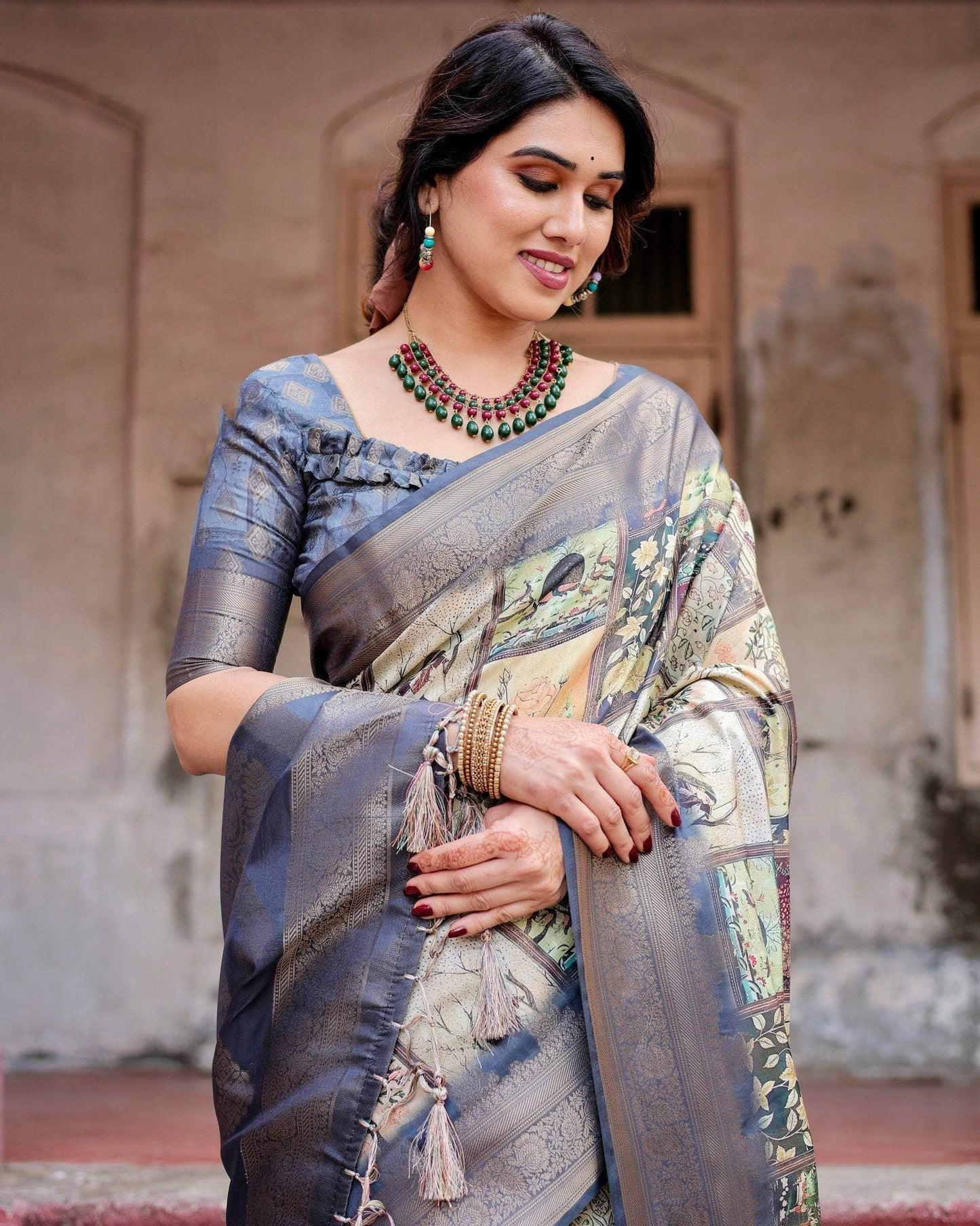 Banarasi Silk Saree in Beige with Multicolor Paisley and Floral Design - SEEANS