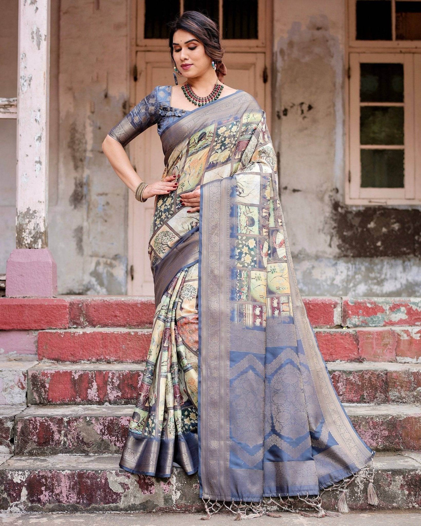 Banarasi Silk Saree in Beige with Multicolor Paisley and Floral Design - SEEANS