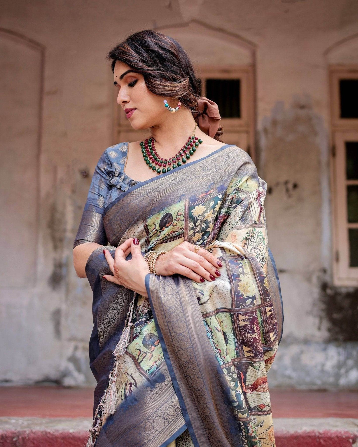 Banarasi Silk Saree in Beige with Multicolor Paisley and Floral Design - SEEANS