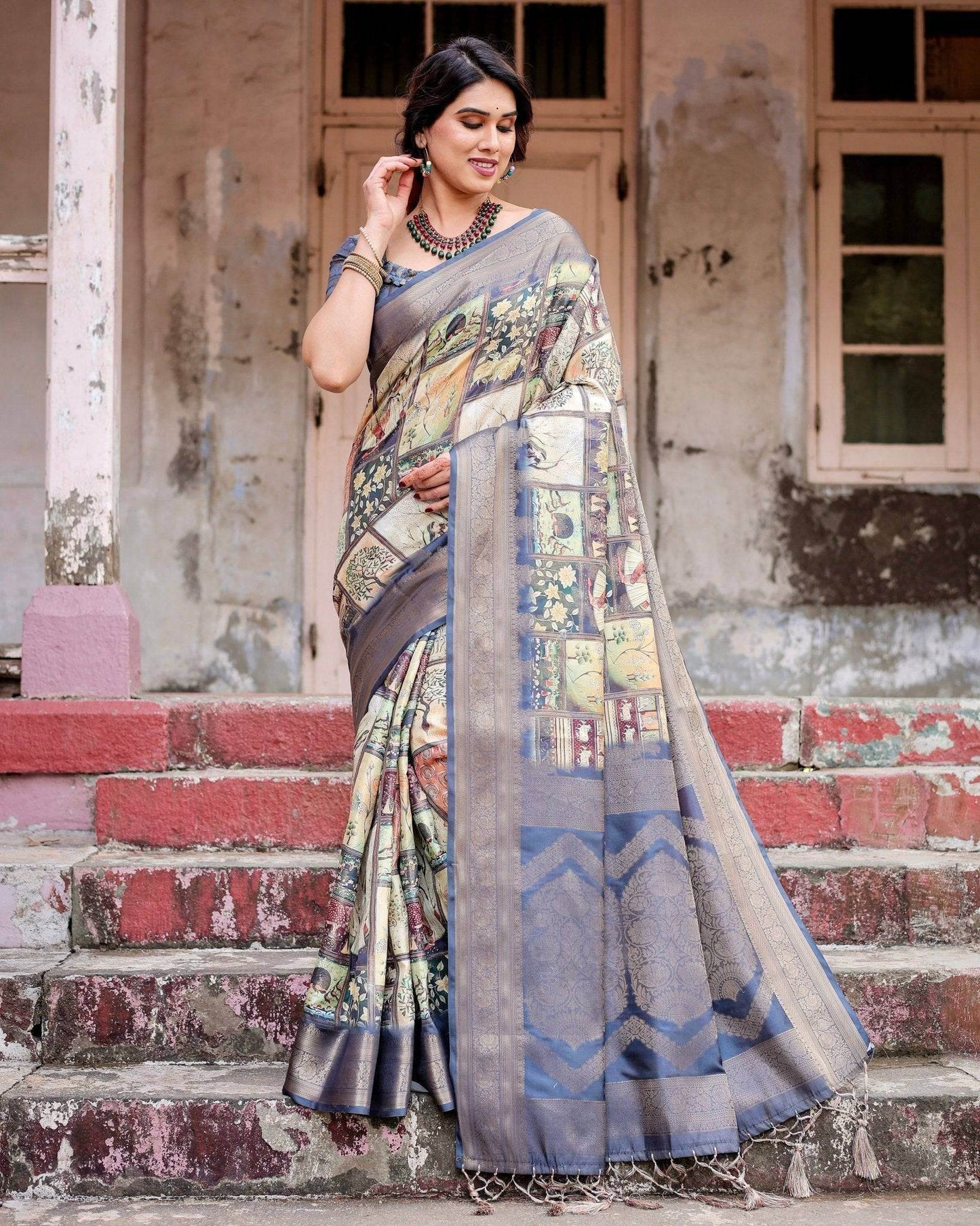 Banarasi Silk Saree in Beige with Multicolor Paisley and Floral Design - SEEANS