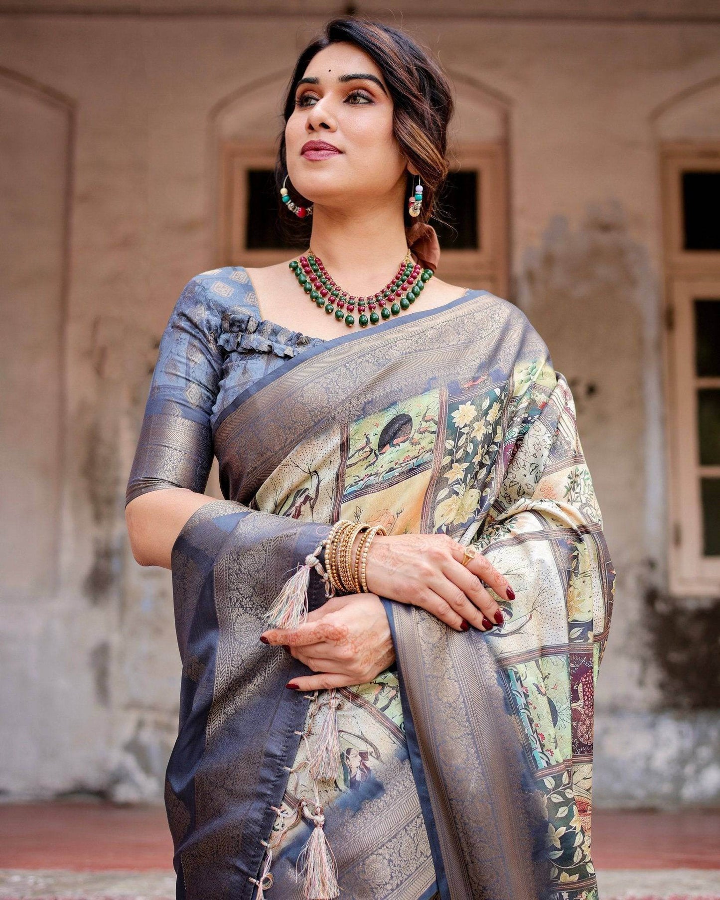 Banarasi Silk Saree in Beige with Multicolor Paisley and Floral Design - SEEANS