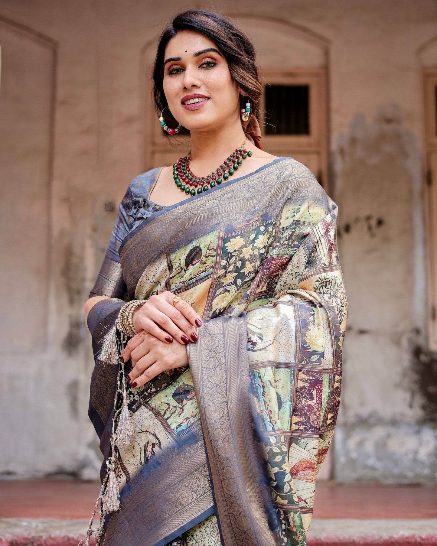 Banarasi Silk Saree in Beige with Multicolor Paisley and Floral Design - SEEANS