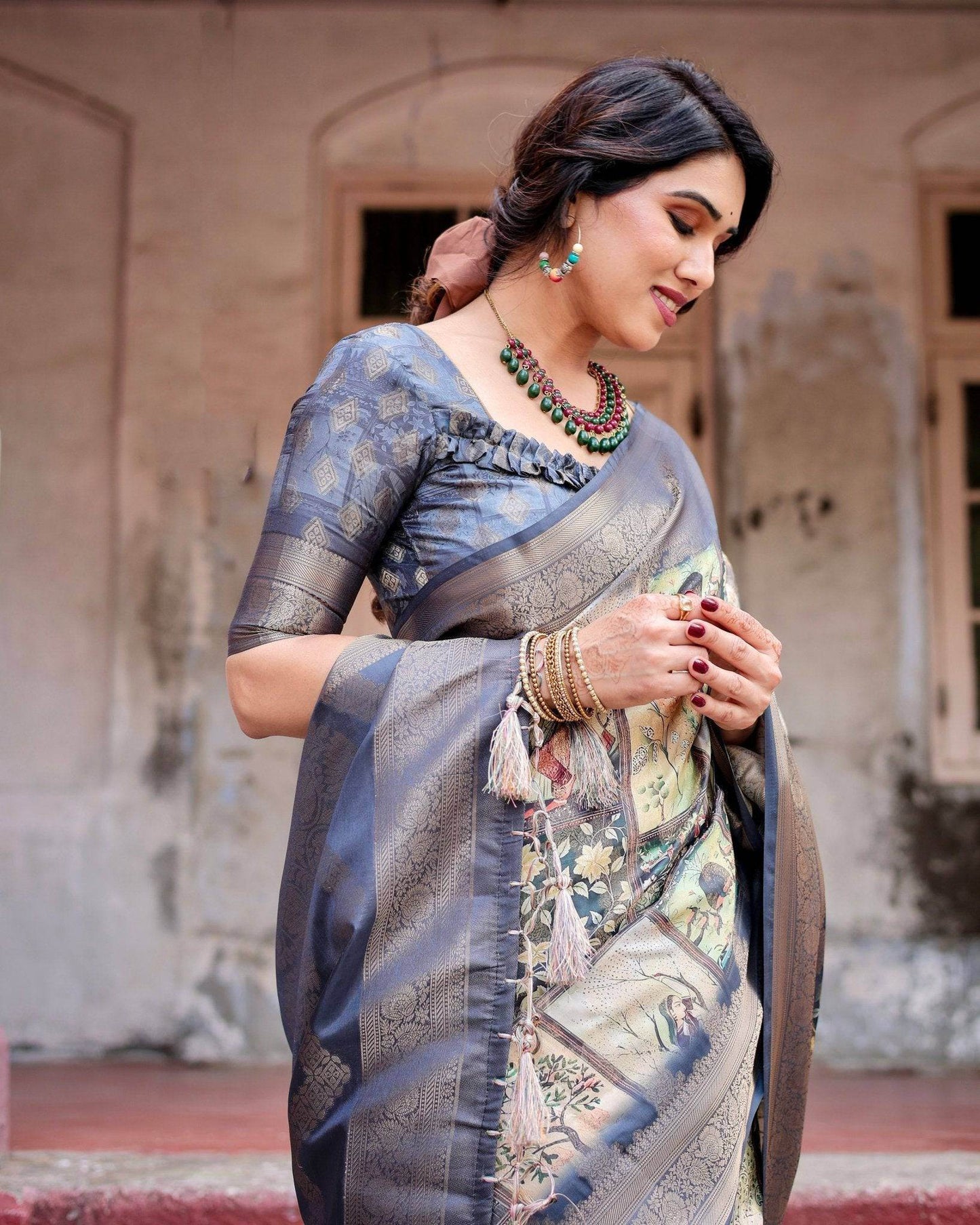 Banarasi Silk Saree in Beige with Multicolor Paisley and Floral Design - SEEANS