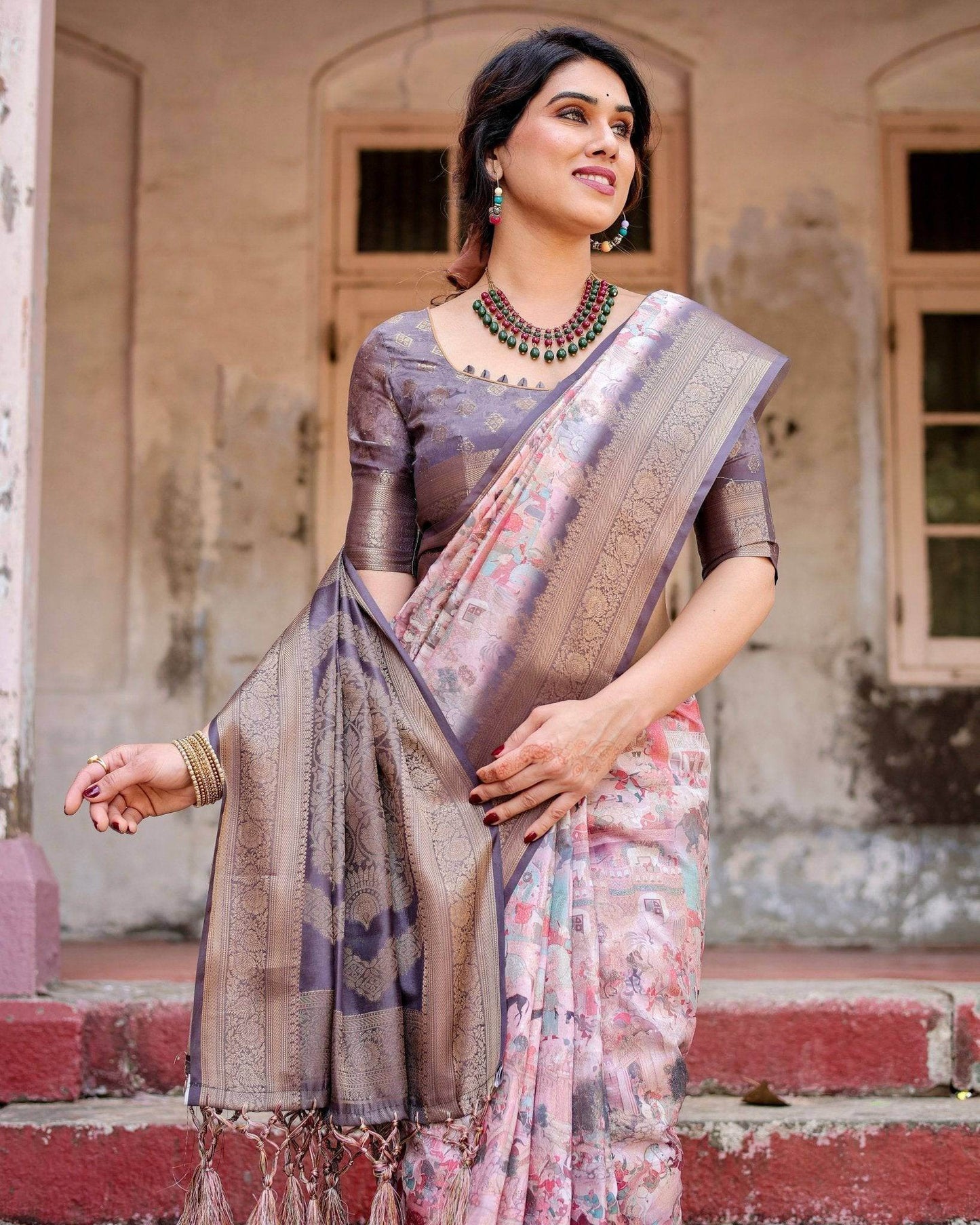 Graceful Lavender Banarasi Silk Saree with Regal Zari Weave and Tassel Detailing - SEEANS