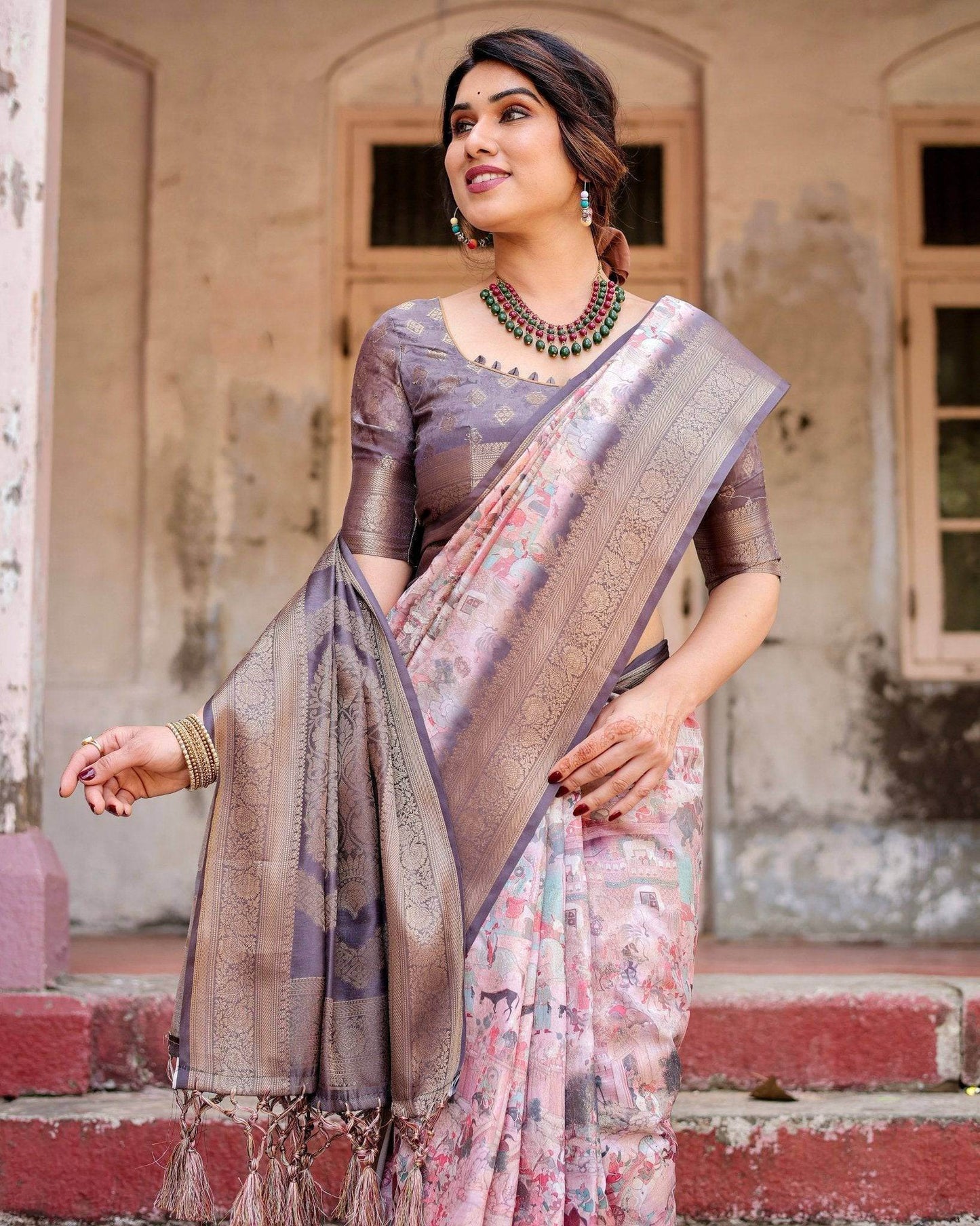 Graceful Lavender Banarasi Silk Saree with Regal Zari Weave and Tassel Detailing - SEEANS