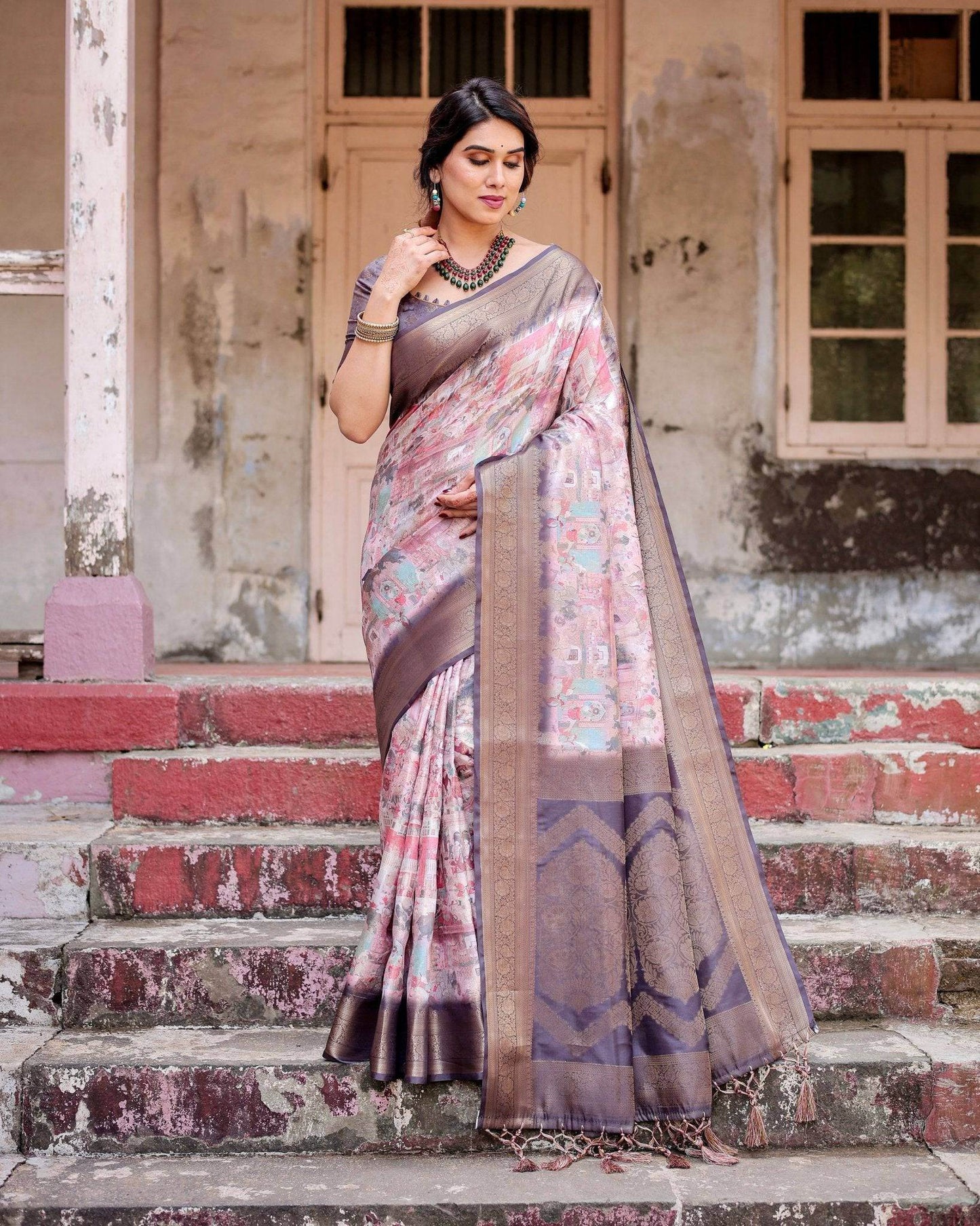 Graceful Lavender Banarasi Silk Saree with Regal Zari Weave and Tassel Detailing - SEEANS
