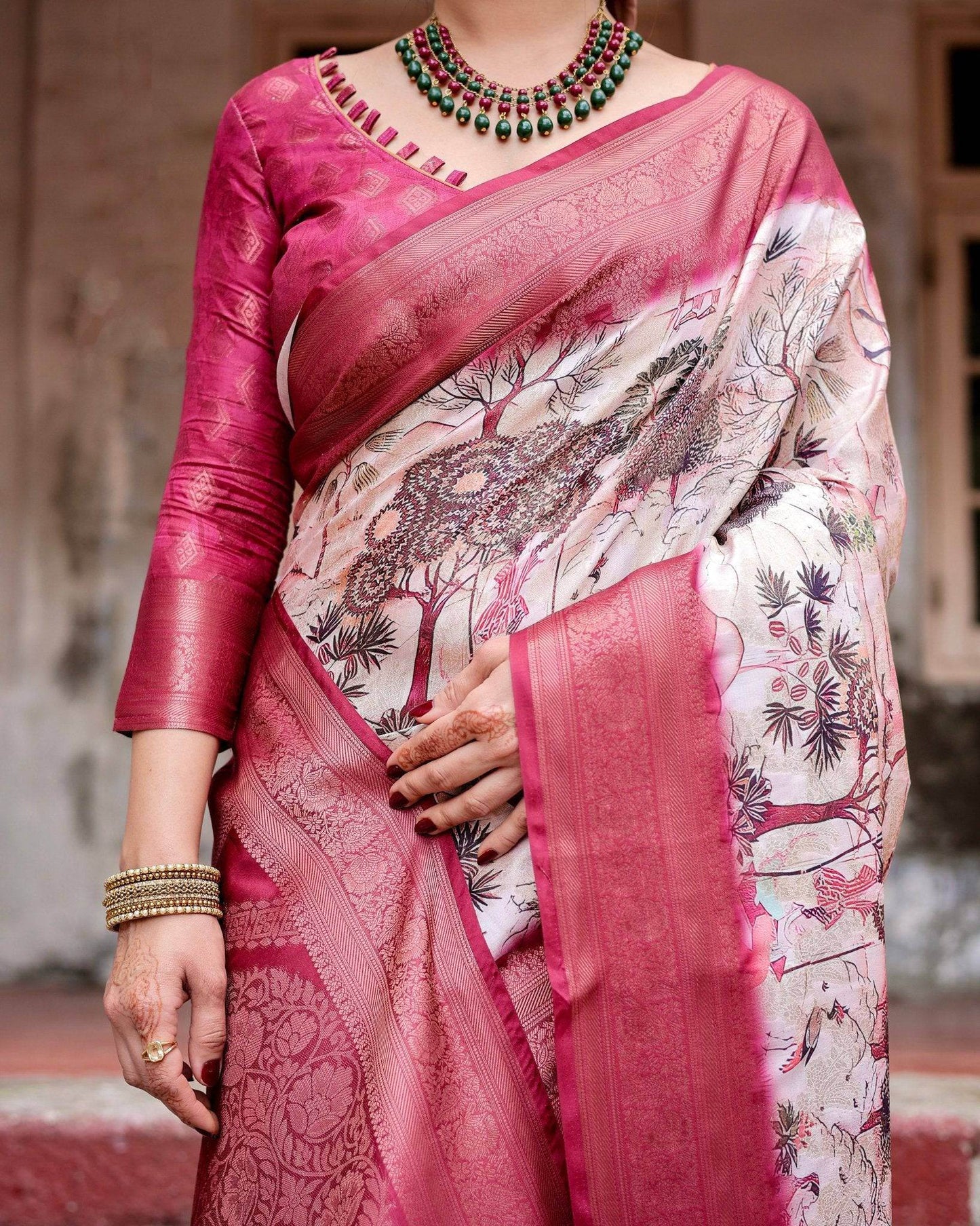 Graceful Fuchsia Pink Banarasi Silk Saree with Digital Forest Scenery Print & Zari Weave - SEEANS