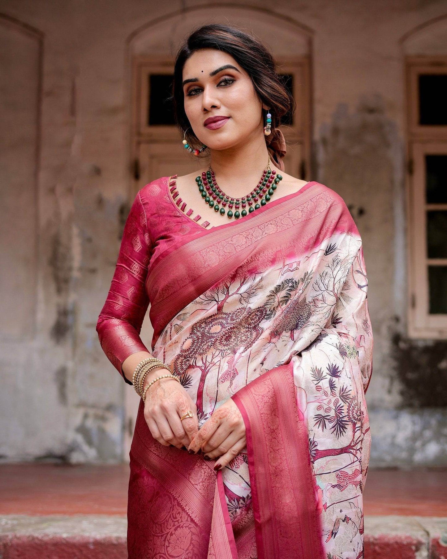 Graceful Fuchsia Pink Banarasi Silk Saree with Digital Forest Scenery Print & Zari Weave - SEEANS