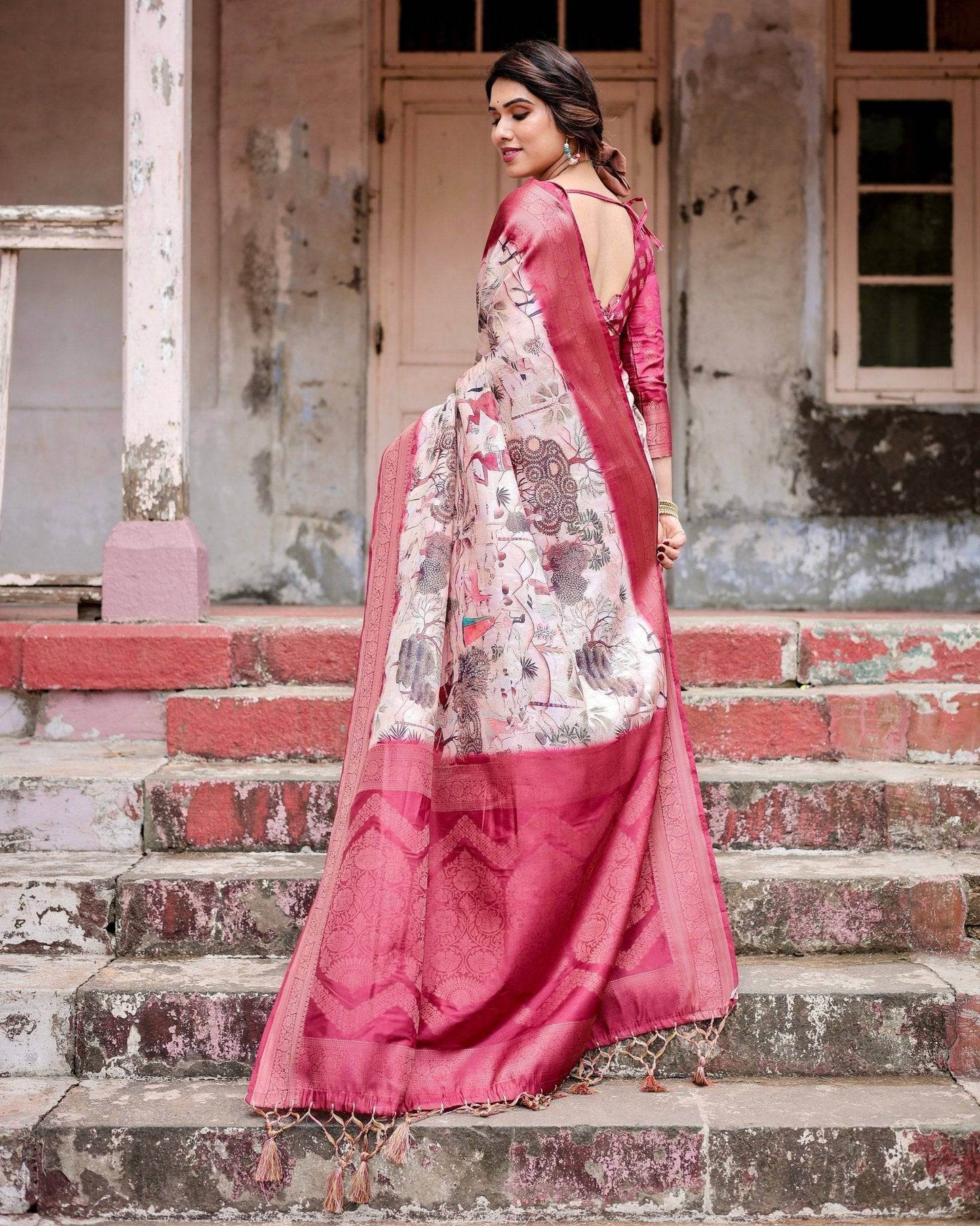 Graceful Fuchsia Pink Banarasi Silk Saree with Digital Forest Scenery Print & Zari Weave - SEEANS