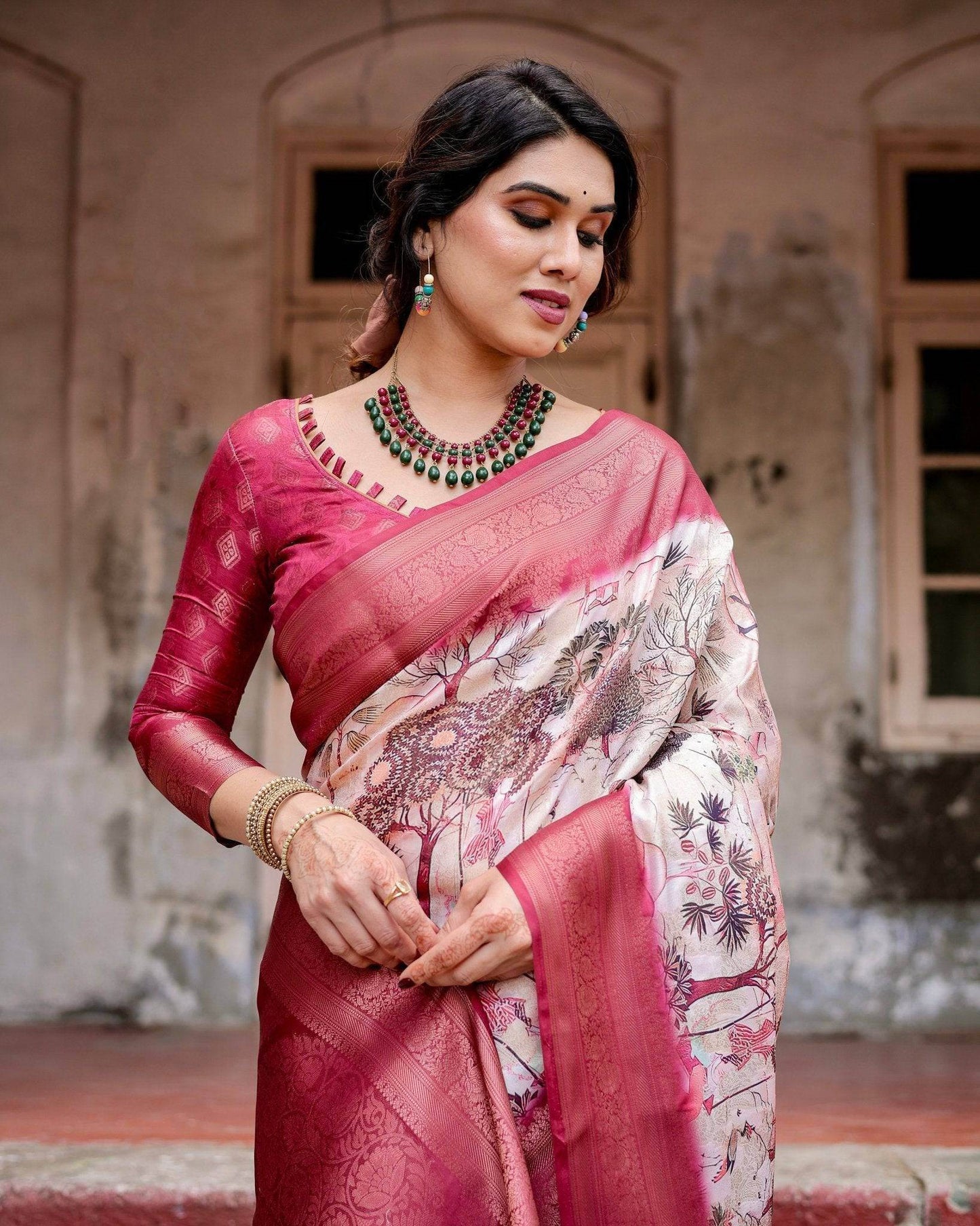 Graceful Fuchsia Pink Banarasi Silk Saree with Digital Forest Scenery Print & Zari Weave - SEEANS
