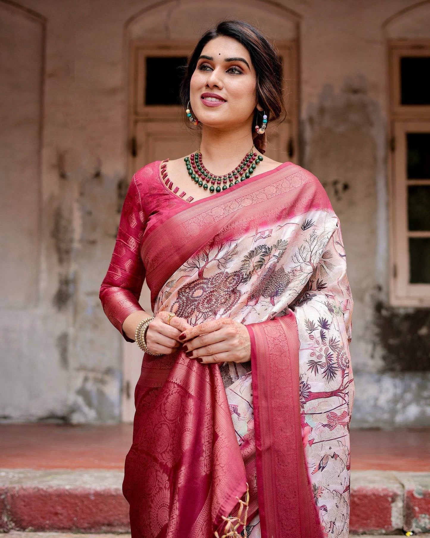 Graceful Fuchsia Pink Banarasi Silk Saree with Digital Forest Scenery Print & Zari Weave - SEEANS