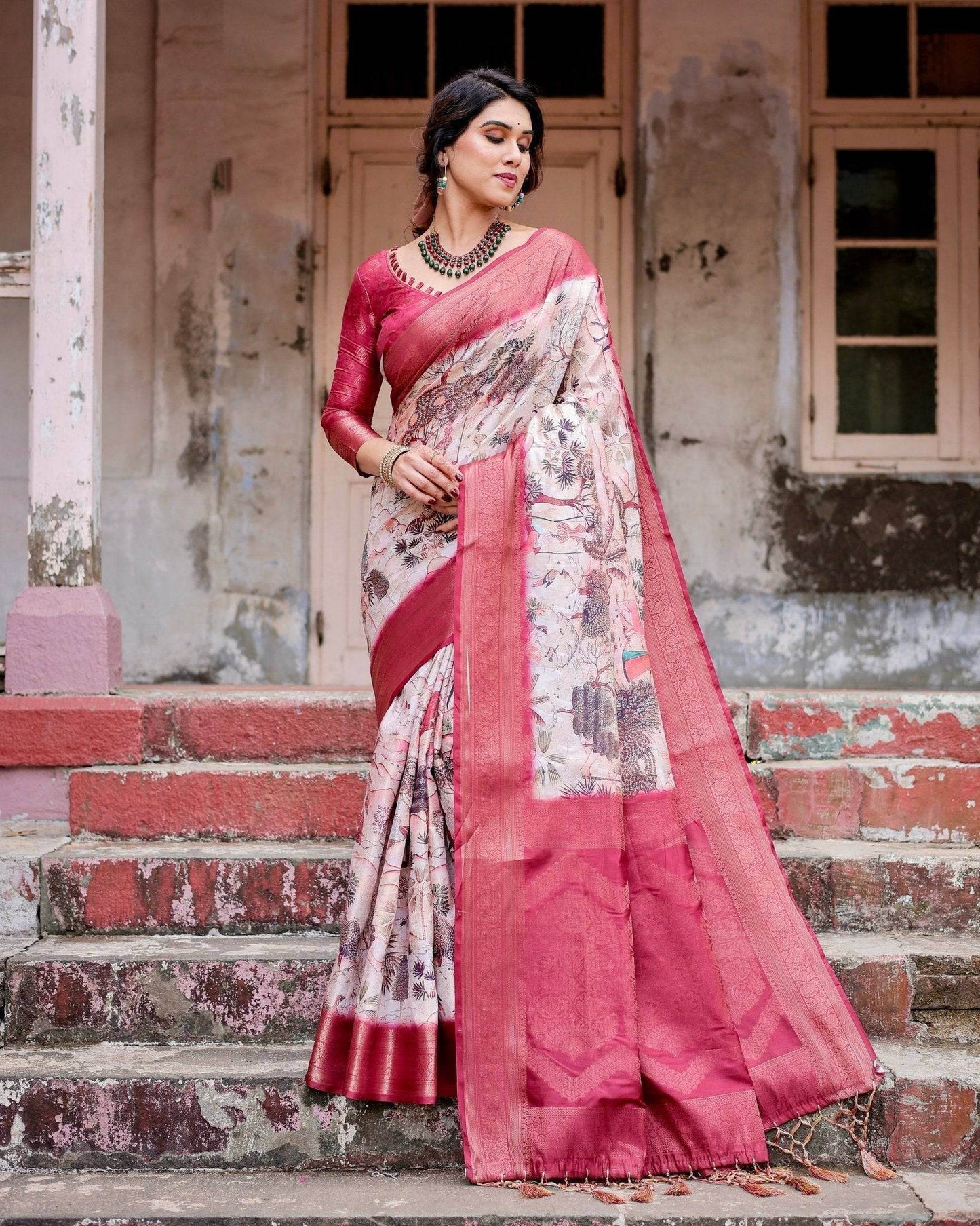 Graceful Fuchsia Pink Banarasi Silk Saree with Digital Forest Scenery Print & Zari Weave - SEEANS