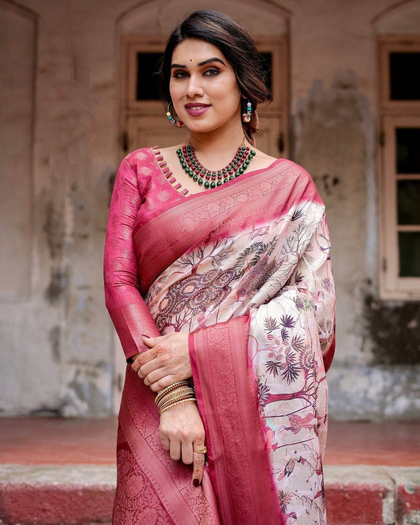 Graceful Fuchsia Pink Banarasi Silk Saree with Digital Forest Scenery Print & Zari Weave - SEEANS