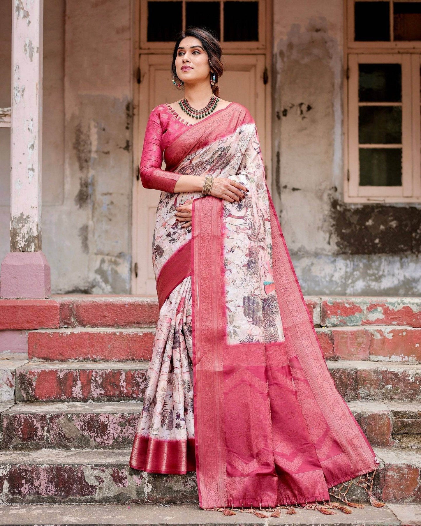 Graceful Fuchsia Pink Banarasi Silk Saree with Digital Forest Scenery Print & Zari Weave - SEEANS