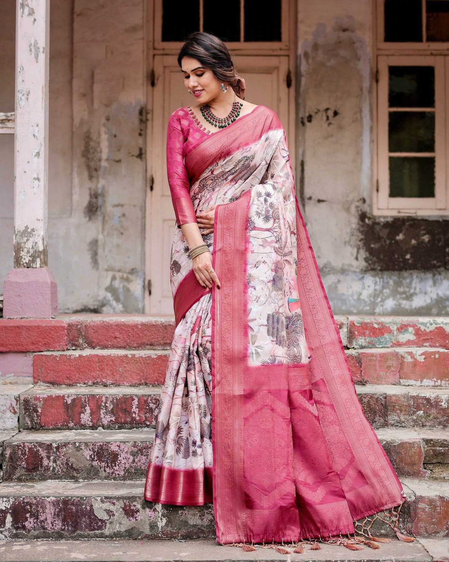 Graceful Fuchsia Pink Banarasi Silk Saree with Digital Forest Scenery Print & Zari Weave - SEEANS
