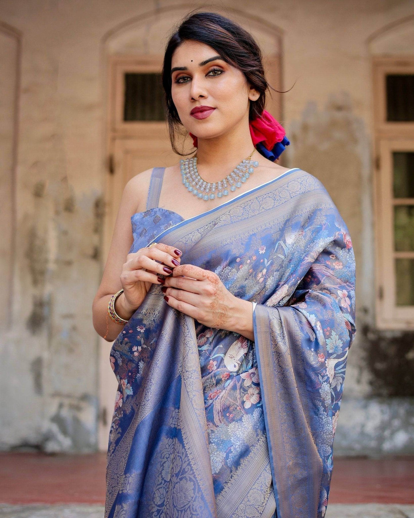 Majestic Blue Banarasi Silk Saree with Delicate Floral Zari Work and Tassel-Embellished Pallu - SEEANS