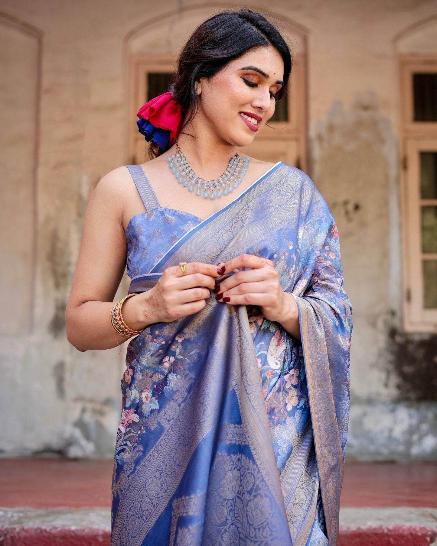 Majestic Blue Banarasi Silk Saree with Delicate Floral Zari Work and Tassel-Embellished Pallu - SEEANS