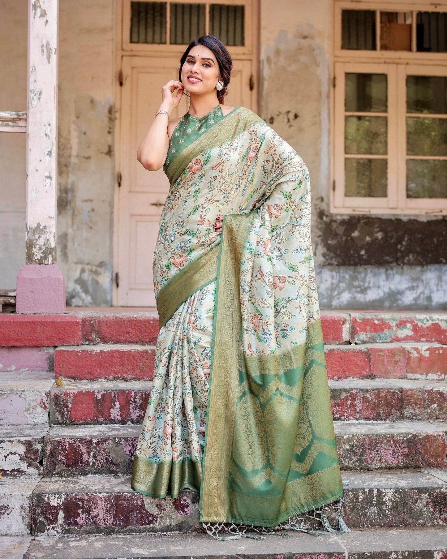 Timeless Green Banarasi Silk Saree with Zari Weaving and Tassels - SEEANS