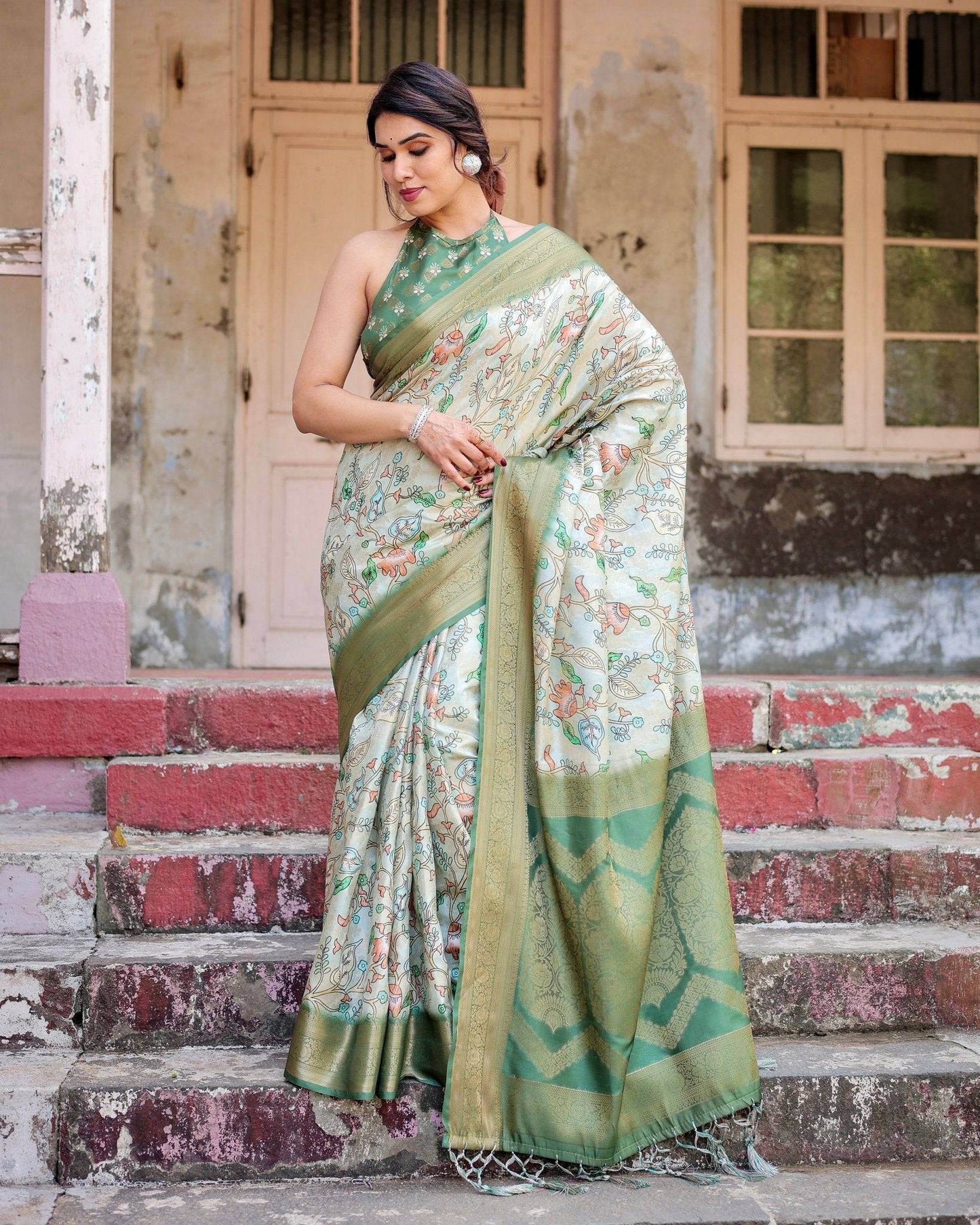 Timeless Green Banarasi Silk Saree with Zari Weaving and Tassels - SEEANS