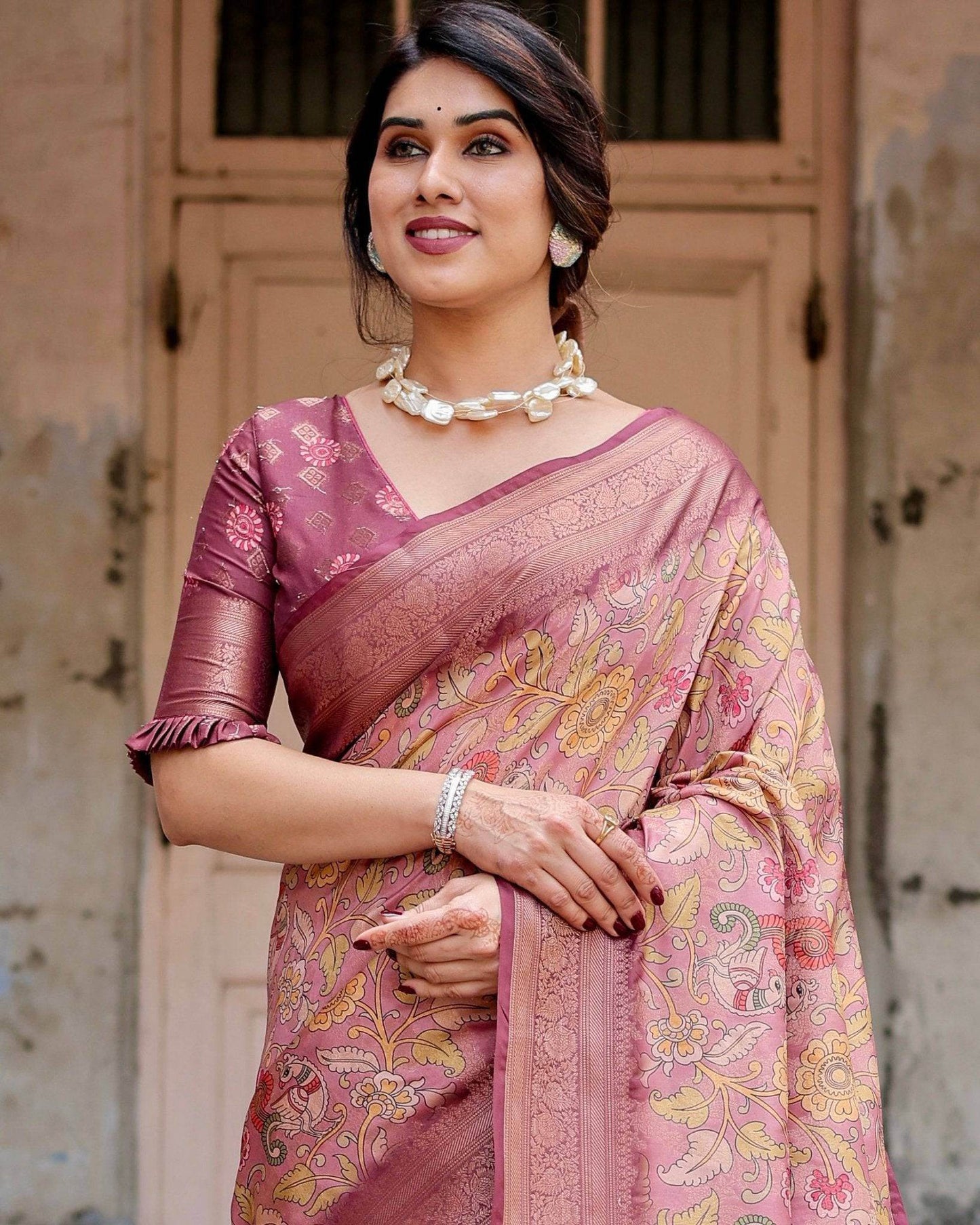 Elegant Pink Banarasi Silk Saree with Floral Zari Weaving and Tassel-Embellished Pallu - SEEANS