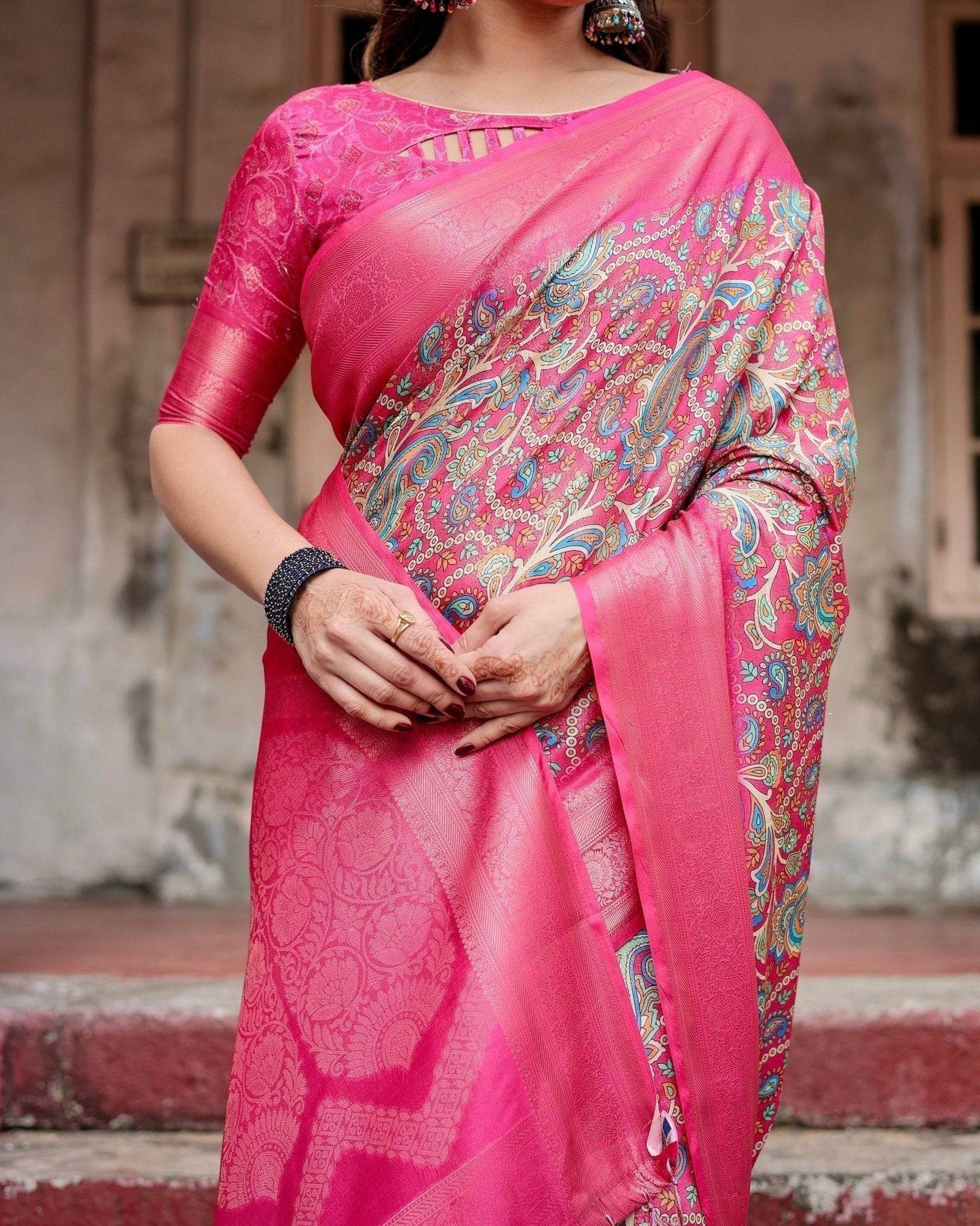 Elegant Pink Banarasi Silk Saree with Paisley Design, Zari Weaving, and Tassels - SEEANS