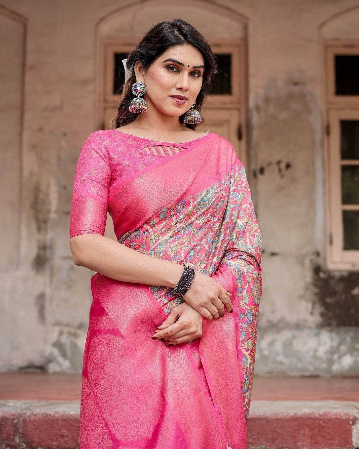 Elegant Pink Banarasi Silk Saree with Paisley Design, Zari Weaving, and Tassels - SEEANS