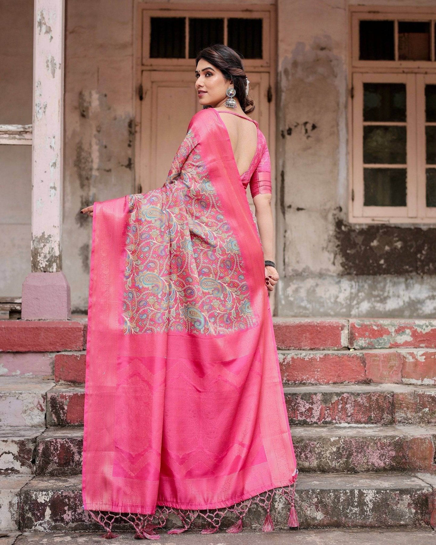 Elegant Pink Banarasi Silk Saree with Paisley Design, Zari Weaving, and Tassels - SEEANS