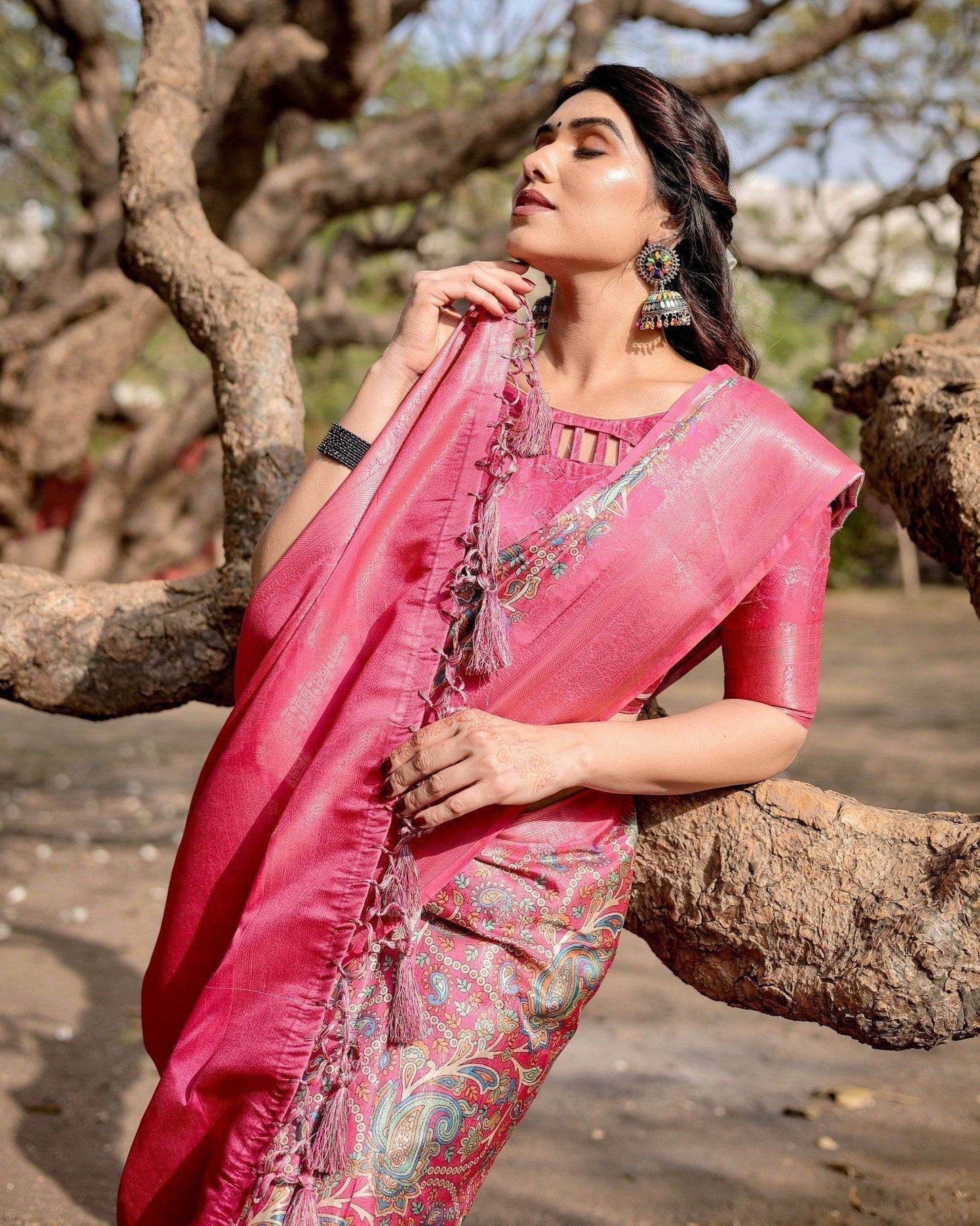 Elegant Pink Banarasi Silk Saree with Paisley Design, Zari Weaving, and Tassels - SEEANS