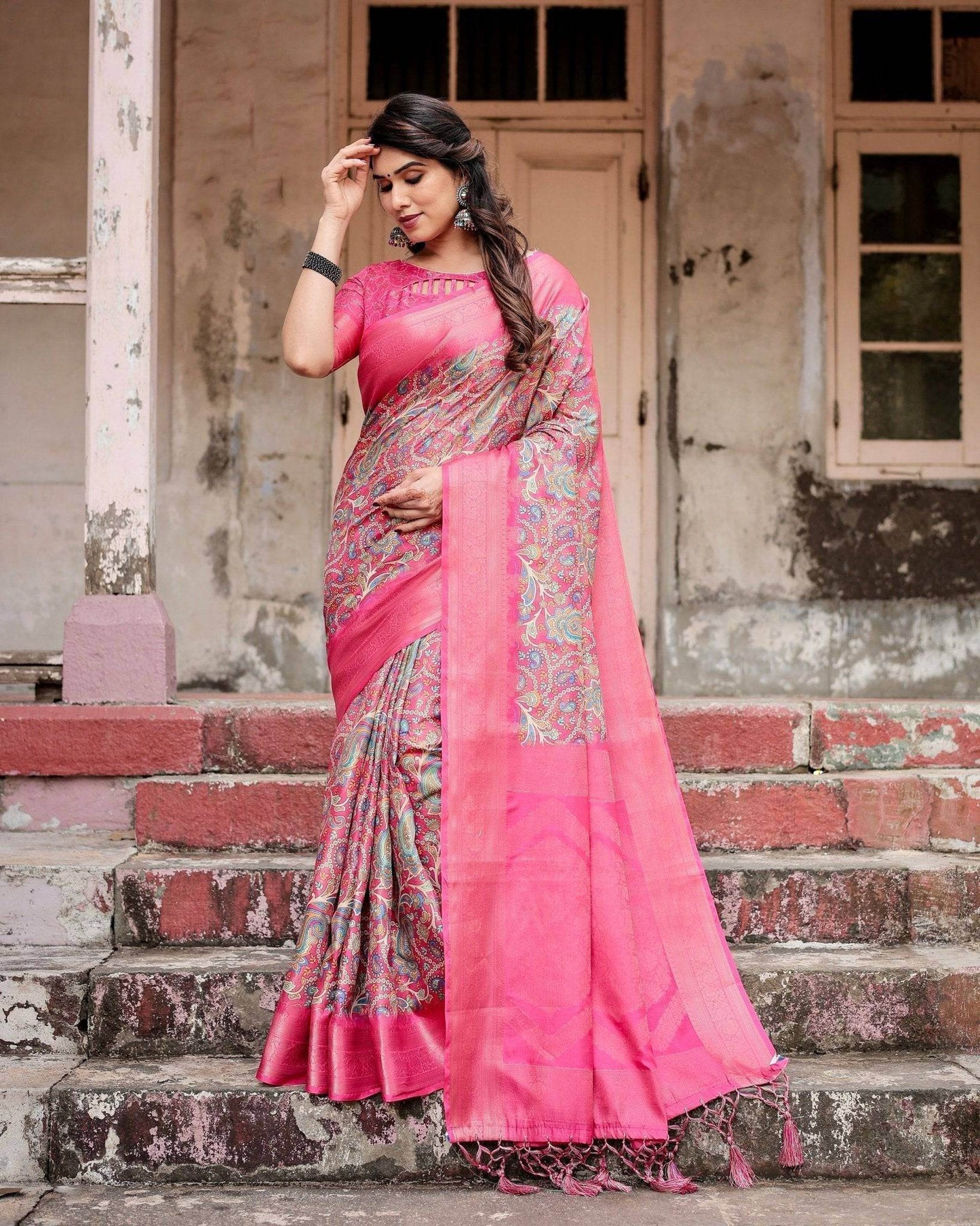 Elegant Pink Banarasi Silk Saree with Paisley Design, Zari Weaving, and Tassels - SEEANS