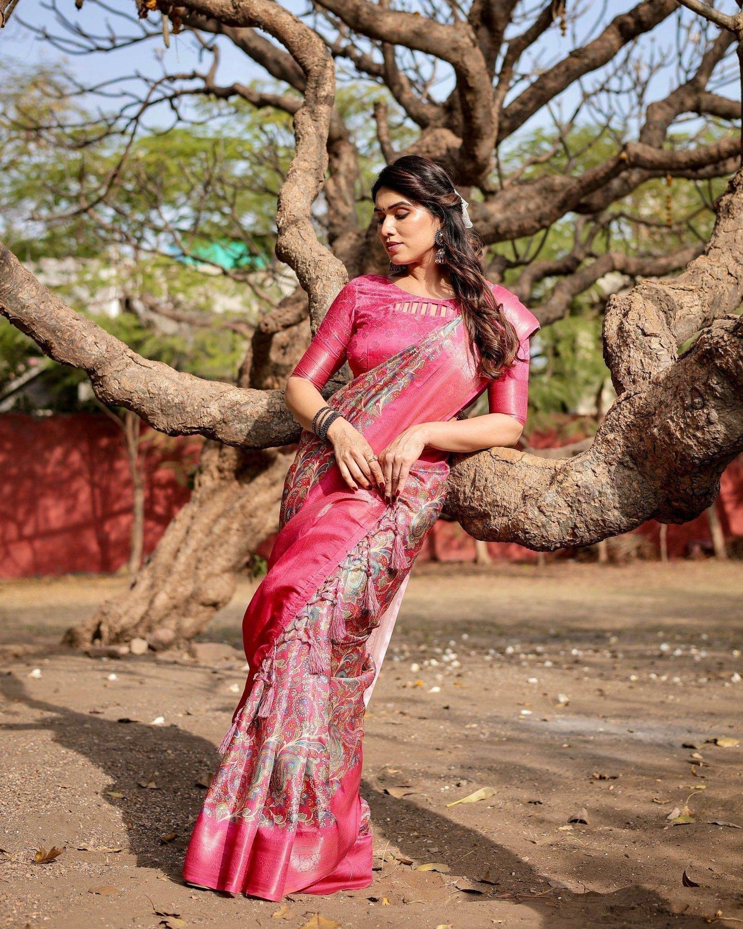Elegant Pink Banarasi Silk Saree with Paisley Design, Zari Weaving, and Tassels - SEEANS