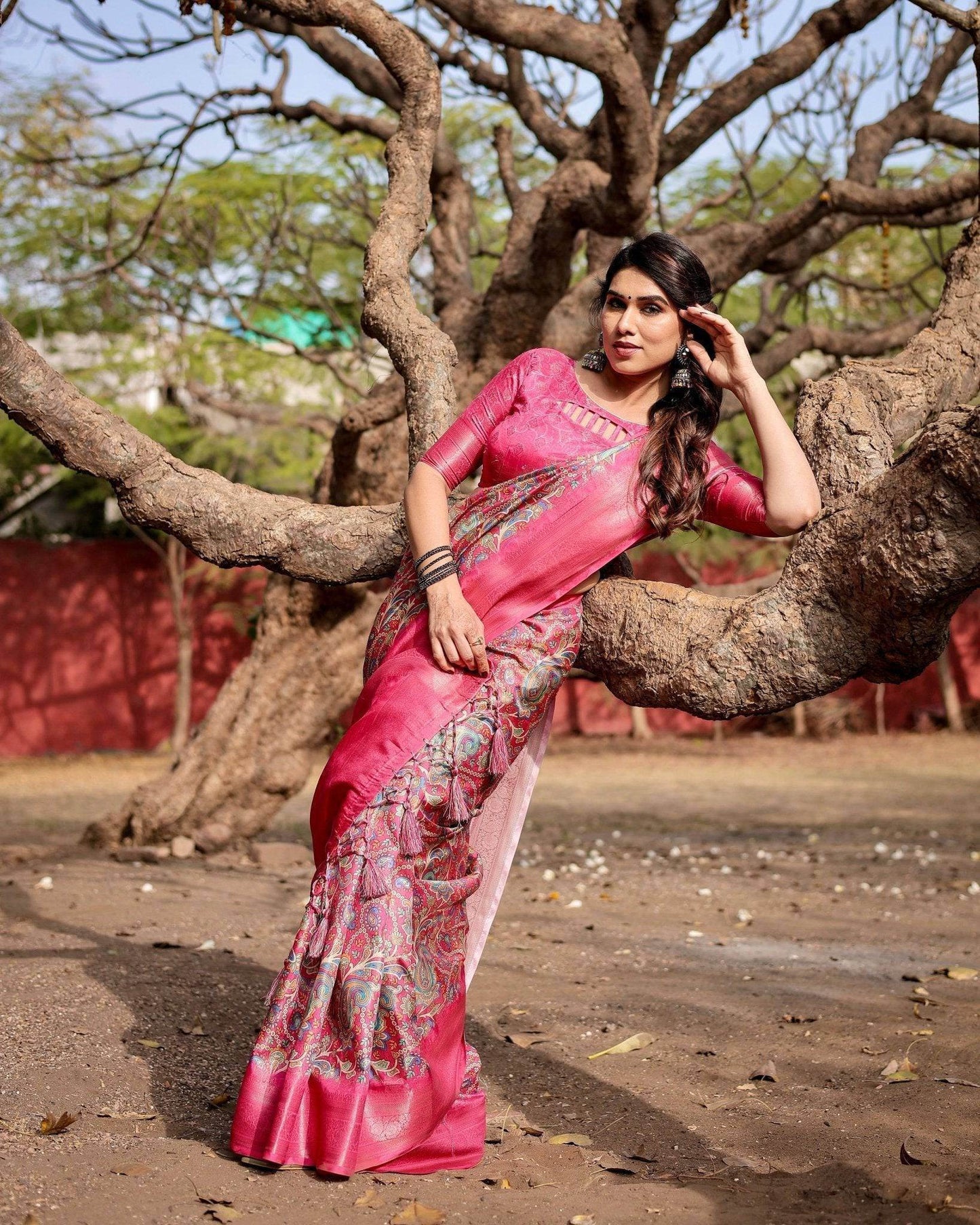 Elegant Pink Banarasi Silk Saree with Paisley Design, Zari Weaving, and Tassels - SEEANS