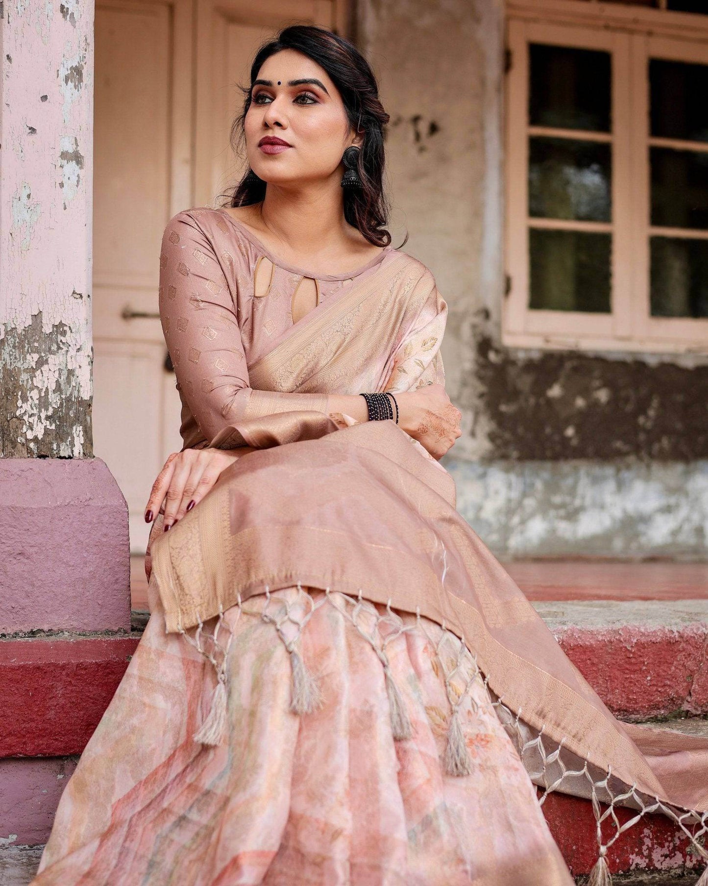 Elegant Beige Banarasi Silk Saree with Tassels and Zari Work - SEEANS