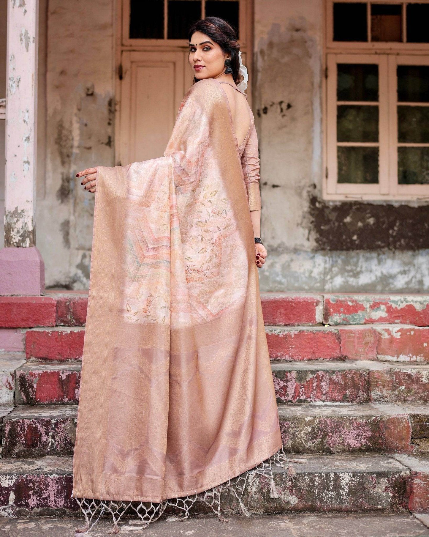 Elegant Beige Banarasi Silk Saree with Tassels and Zari Work - SEEANS