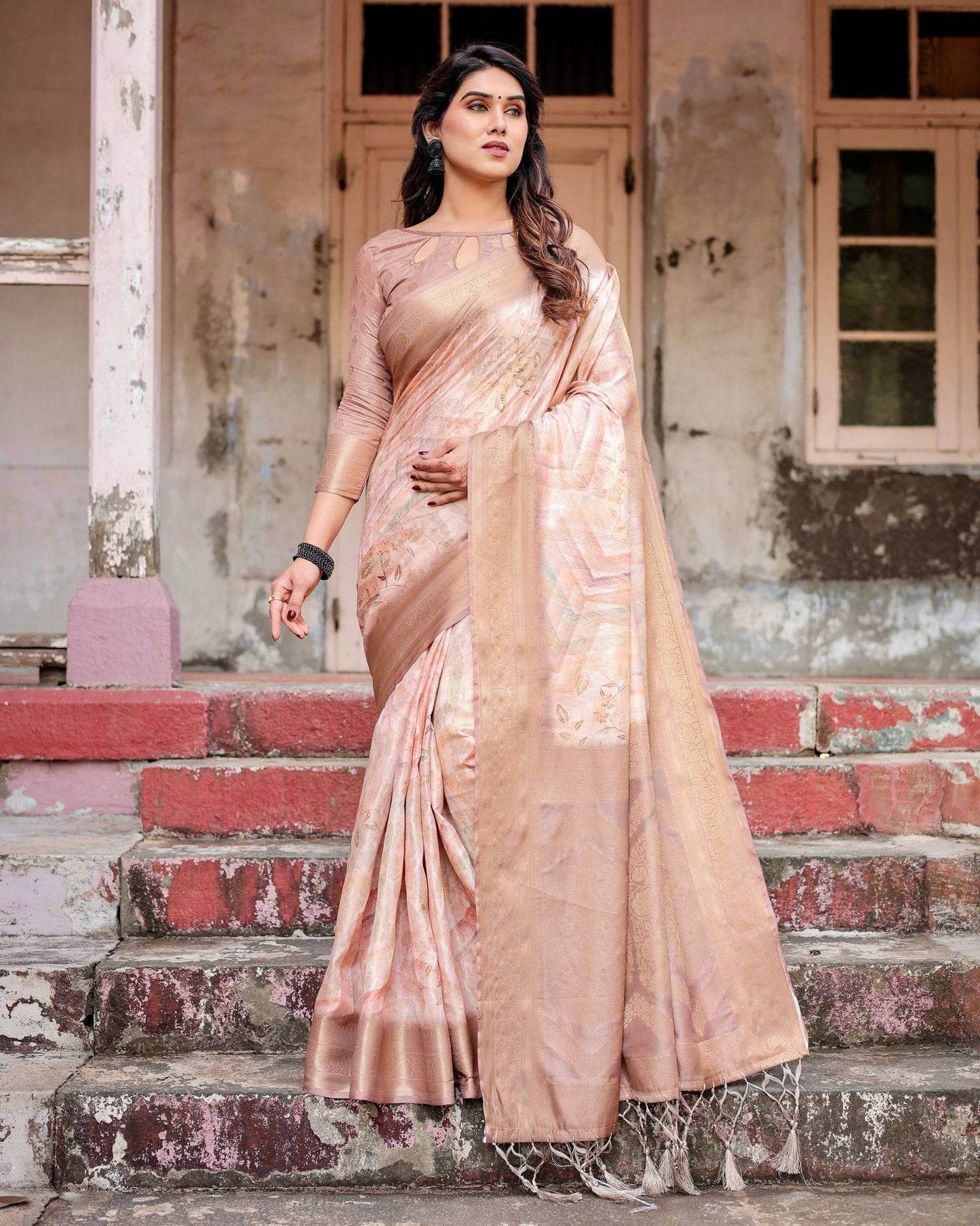 Elegant Beige Banarasi Silk Saree with Tassels and Zari Work - SEEANS