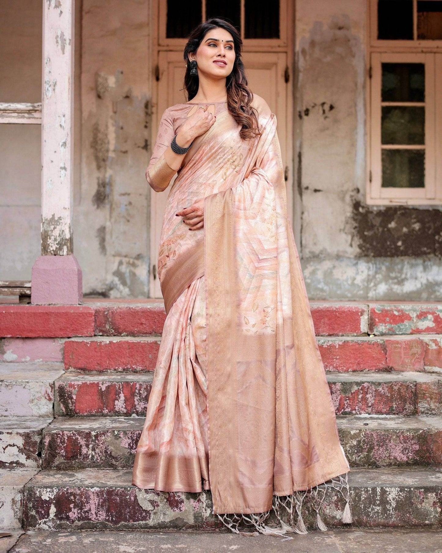 Elegant Beige Banarasi Silk Saree with Tassels and Zari Work - SEEANS