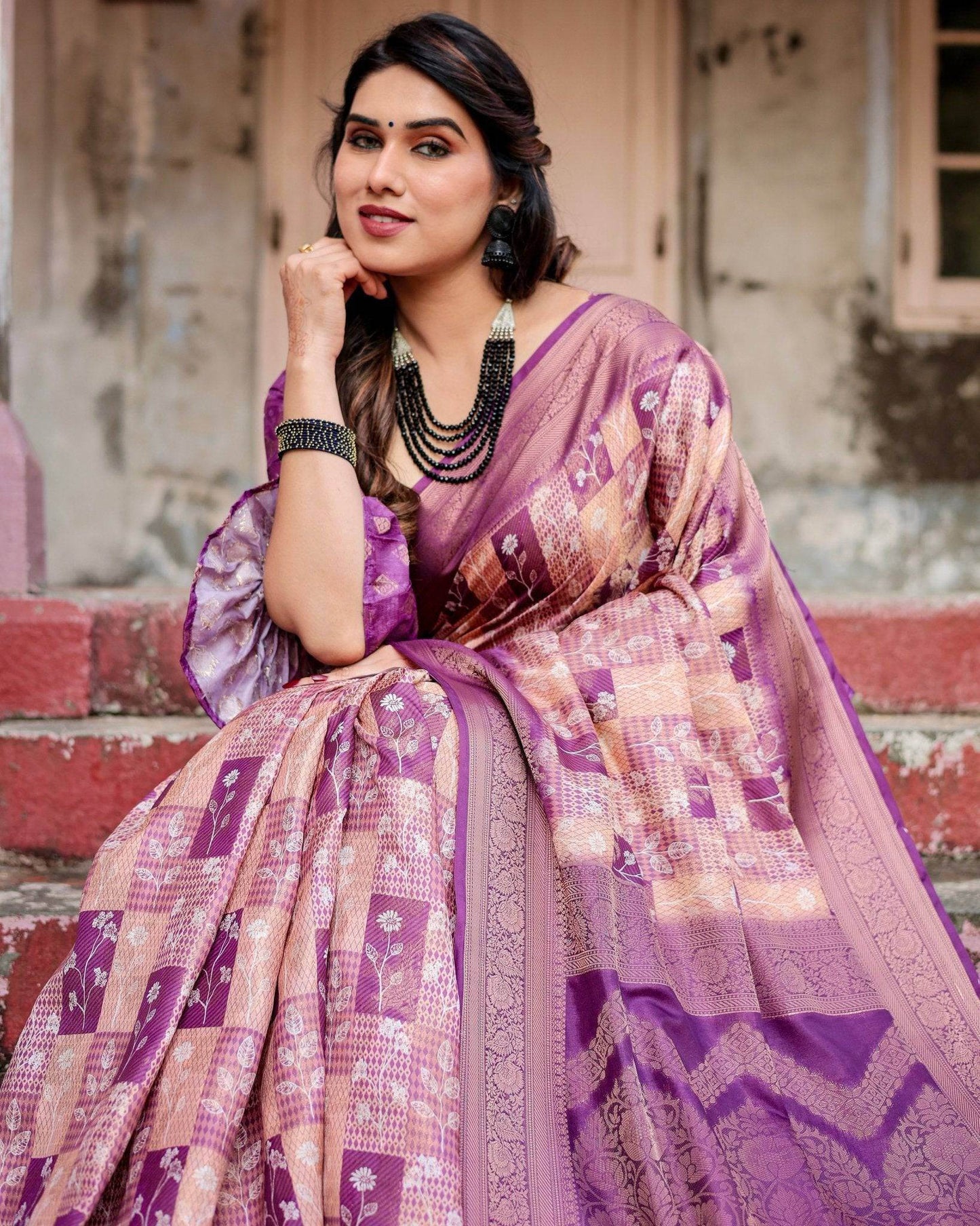 Exquisite Lavender Banarasi Silk Saree with Zari Weave and Tassels - SEEANS