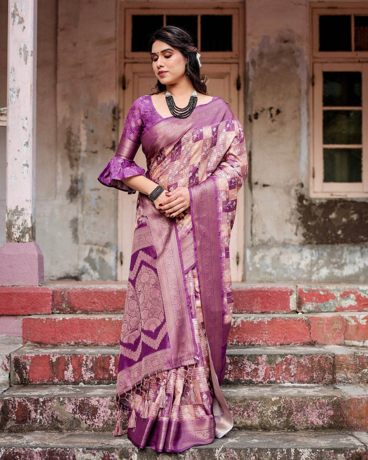 Exquisite Lavender Banarasi Silk Saree with Zari Weave and Tassels - SEEANS