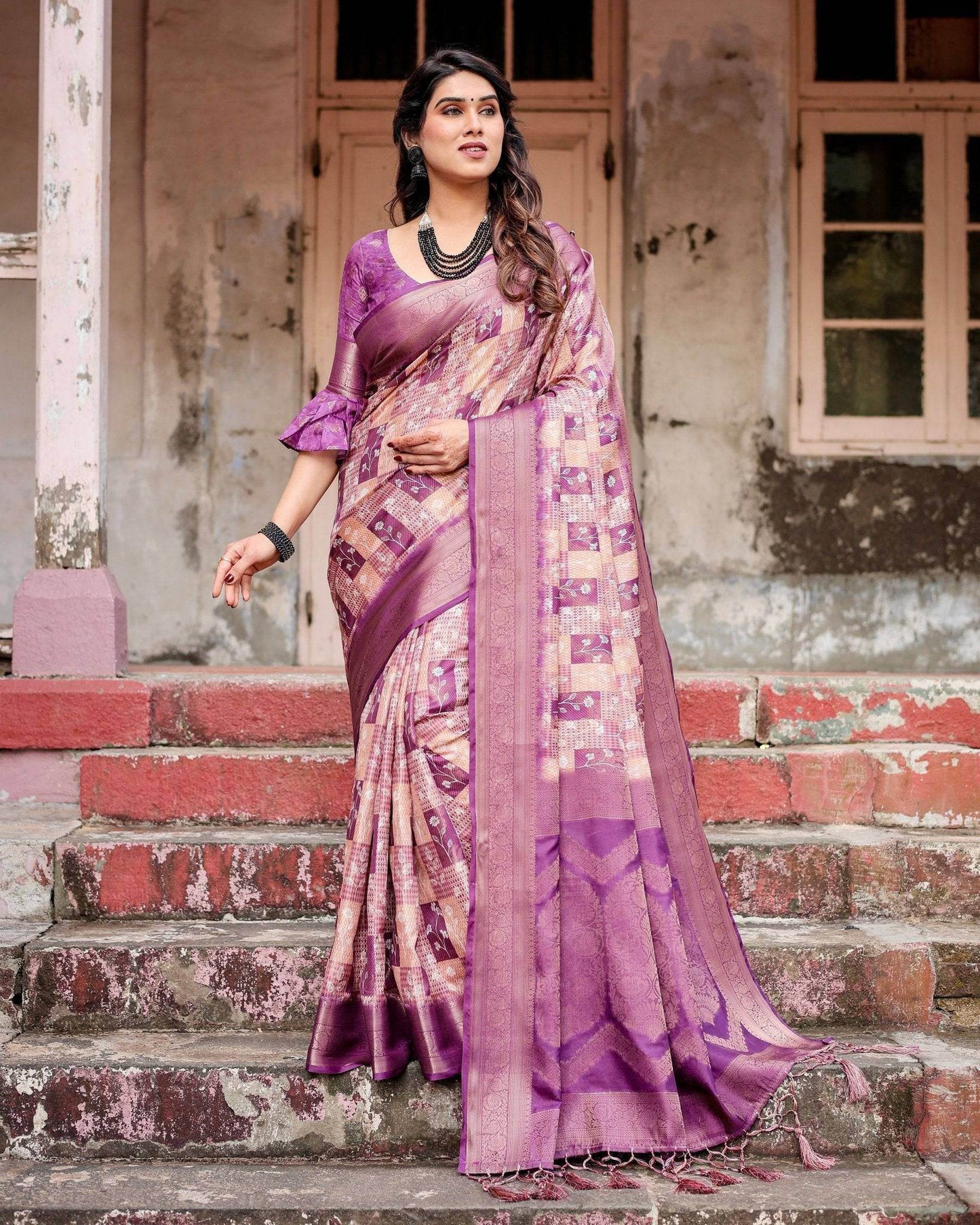 Exquisite Lavender Banarasi Silk Saree with Zari Weave and Tassels - SEEANS