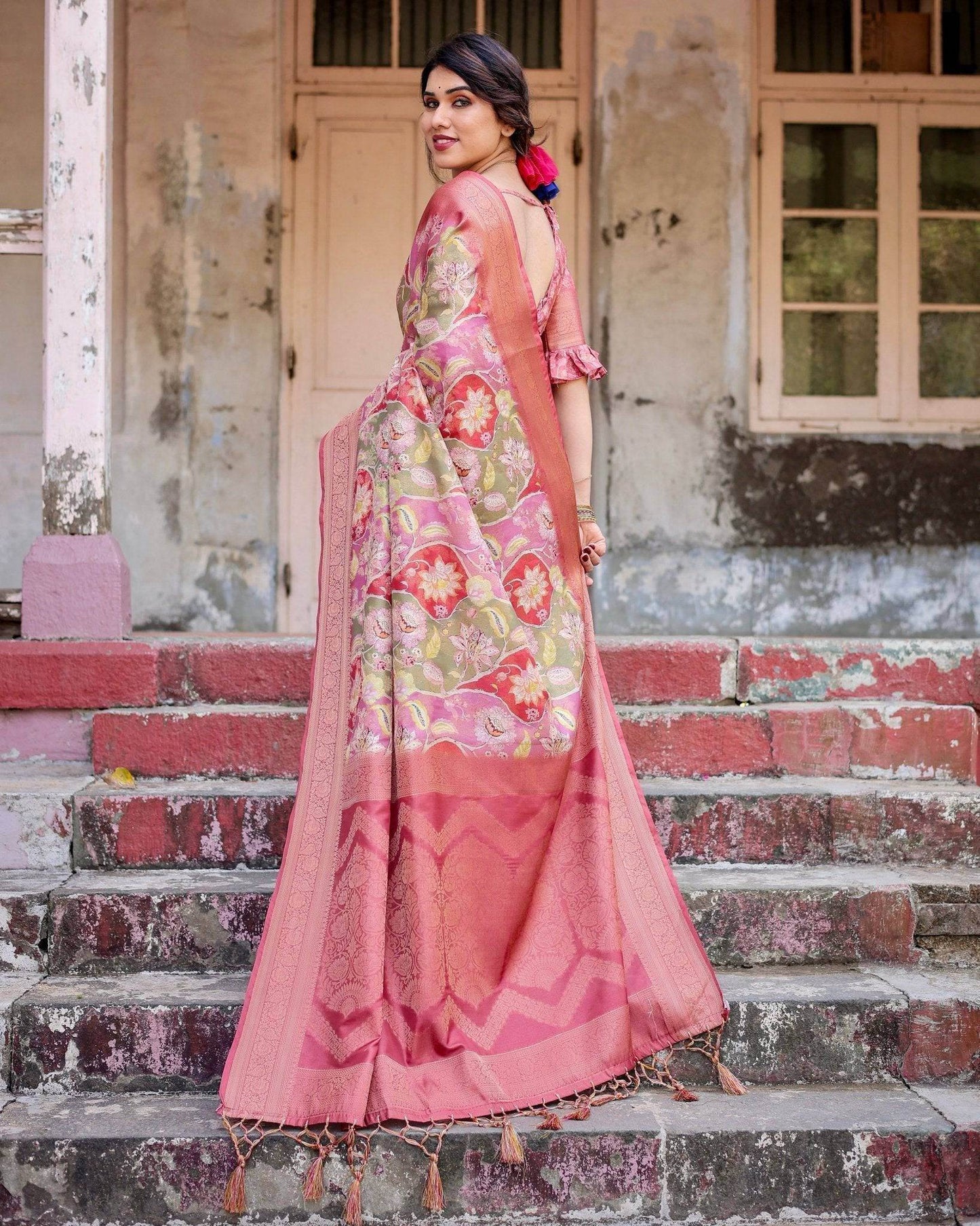 Graceful Peach and Pink Banarasi Silk Saree with Zari Weave and Tassels - SEEANS