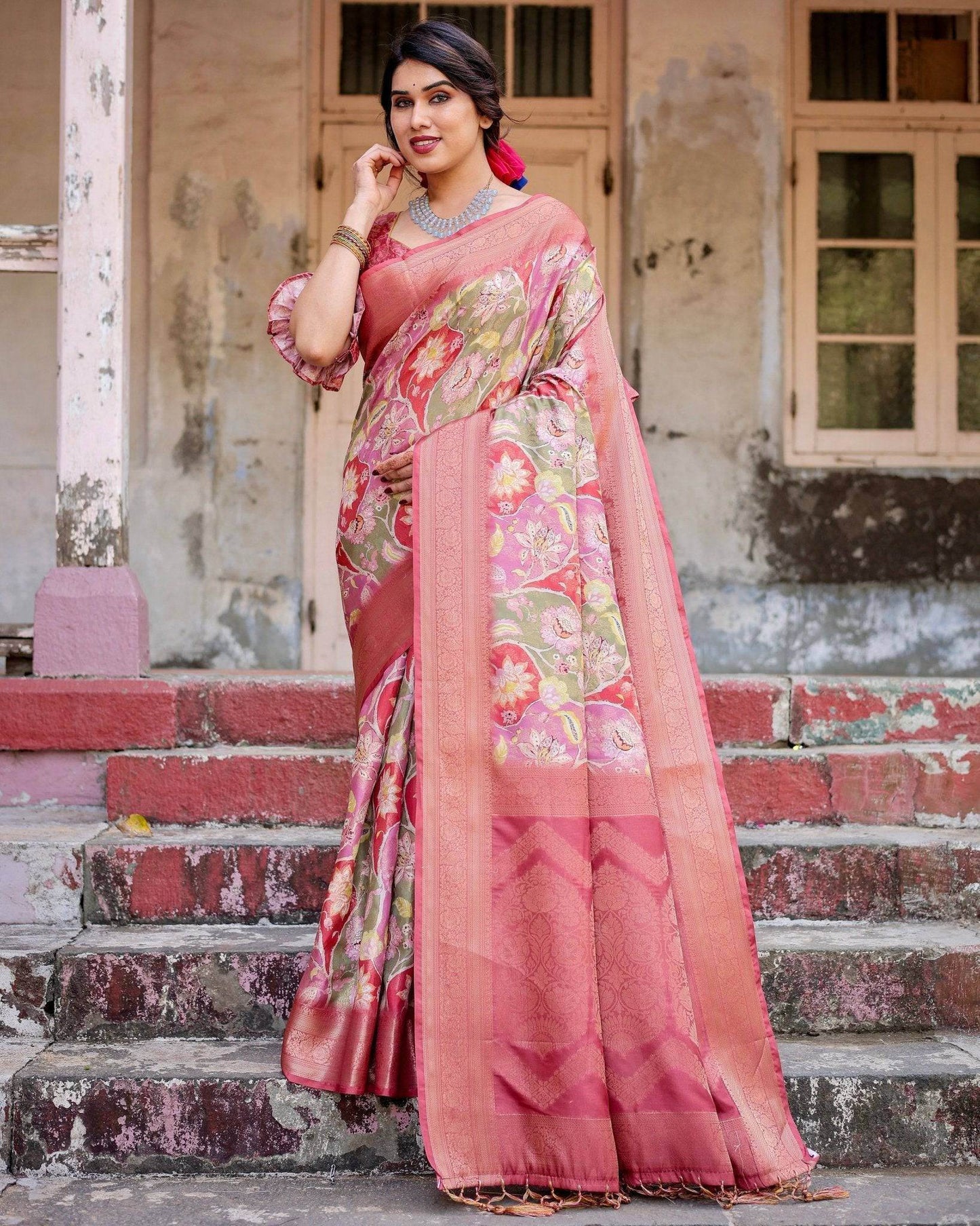 Graceful Peach and Pink Banarasi Silk Saree with Zari Weave and Tassels - SEEANS