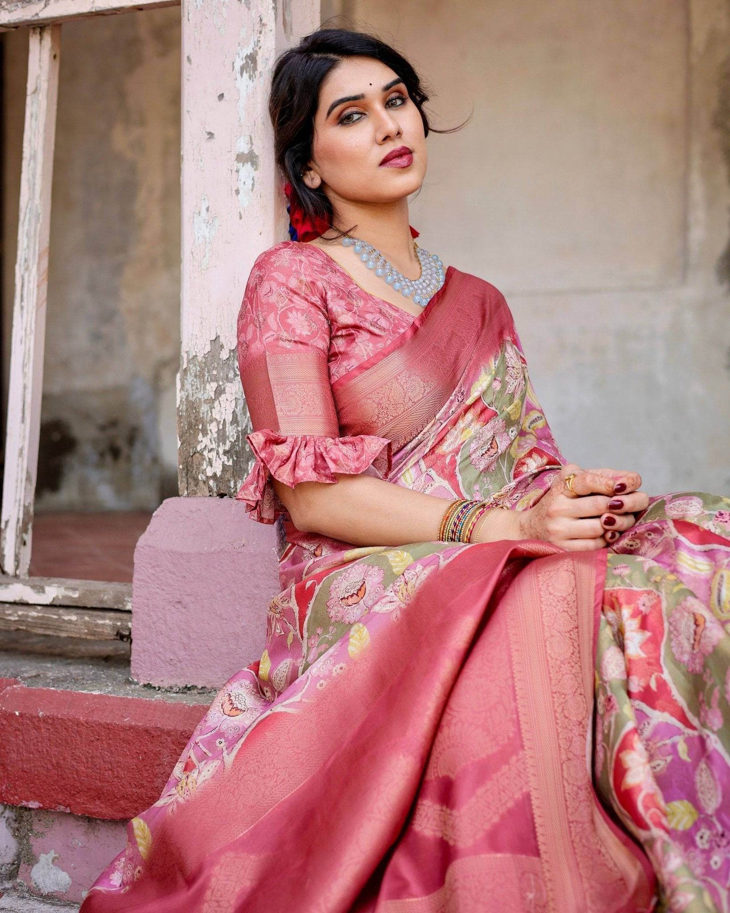 Graceful Peach and Pink Banarasi Silk Saree with Zari Weave and Tassels - SEEANS