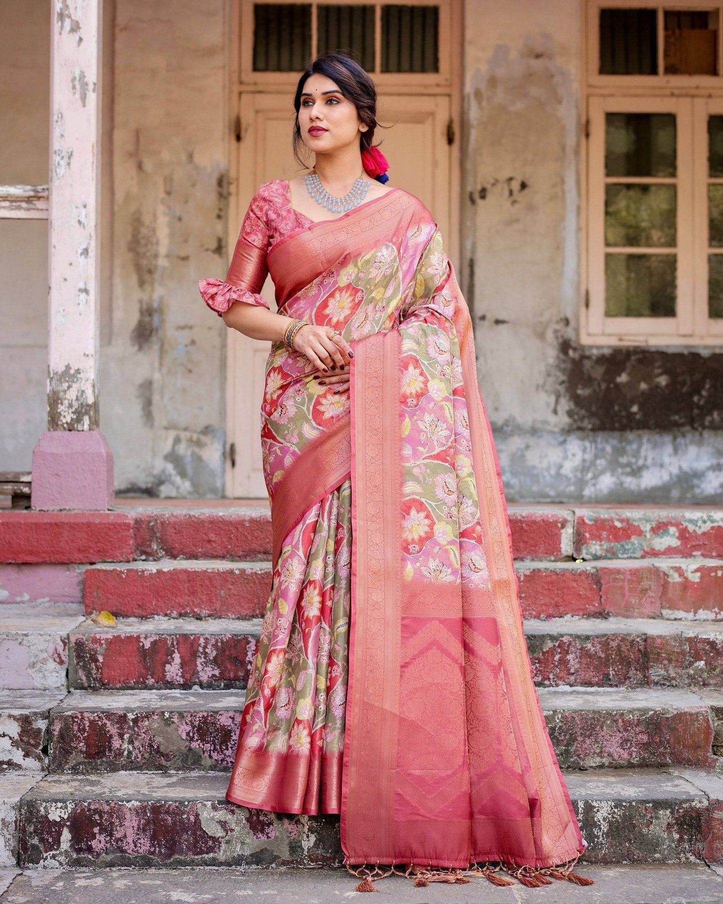 Graceful Peach and Pink Banarasi Silk Saree with Zari Weave and Tassels - SEEANS