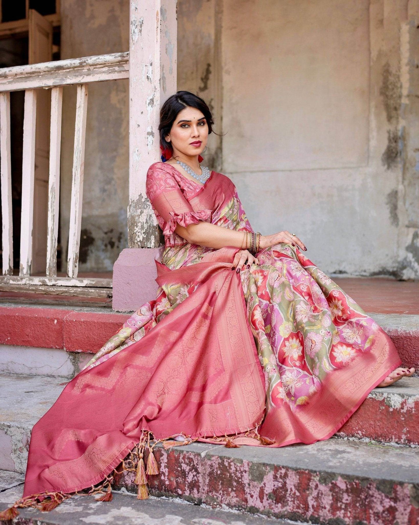Graceful Peach and Pink Banarasi Silk Saree with Zari Weave and Tassels - SEEANS