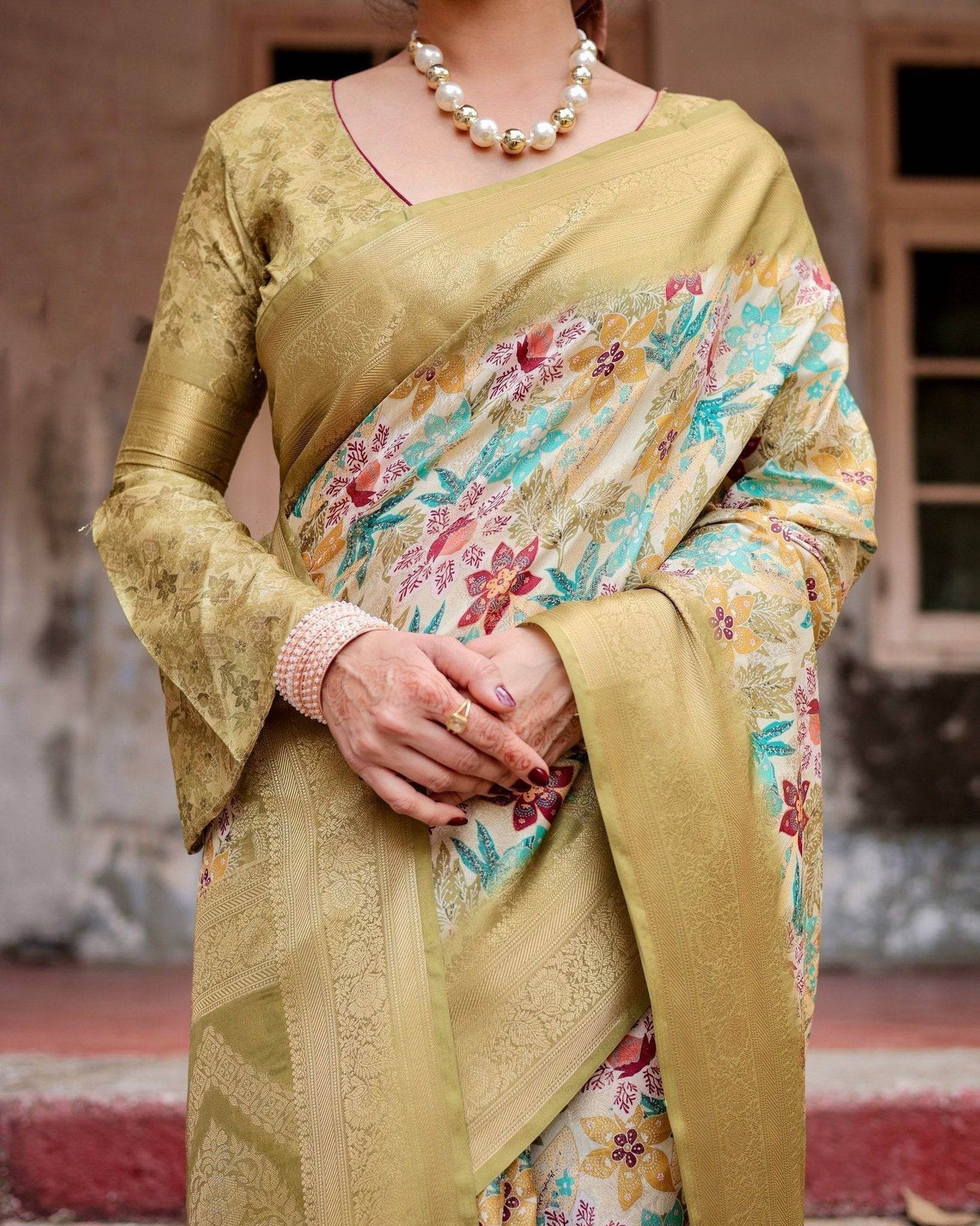 Golden Yellow Banarasi Silk Saree with Multicolor Floral Print and Zari Border - SEEANS
