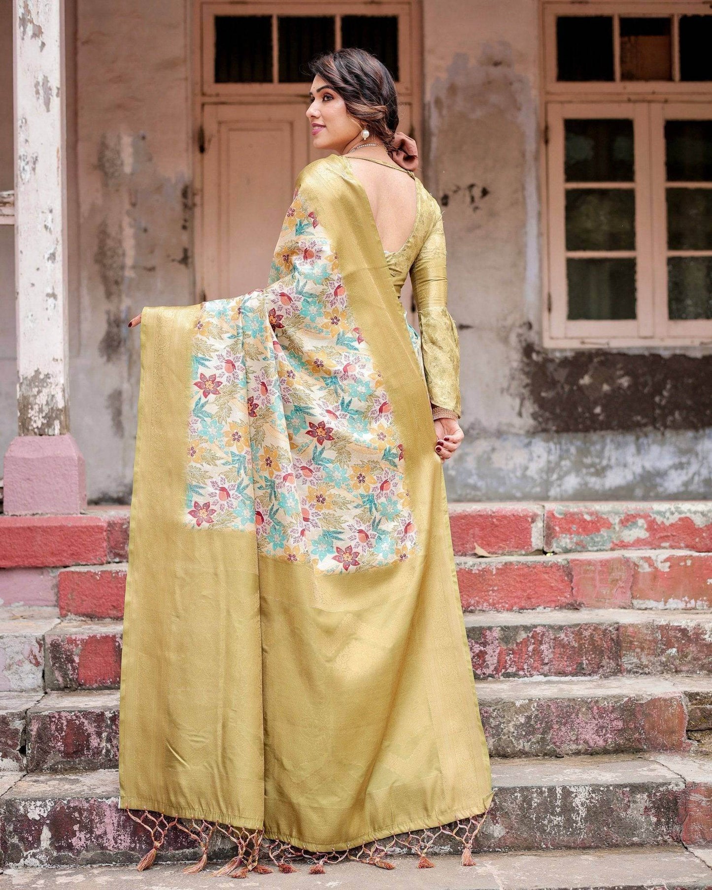 Golden Yellow Banarasi Silk Saree with Multicolor Floral Print and Zari Border - SEEANS